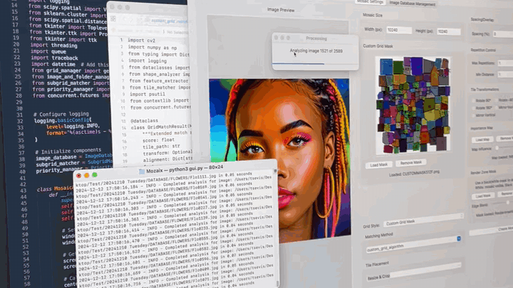 Mozaix app on screen: code windows, a processing log, and a portrait of a woman with braids beside a grid of coloured tiles