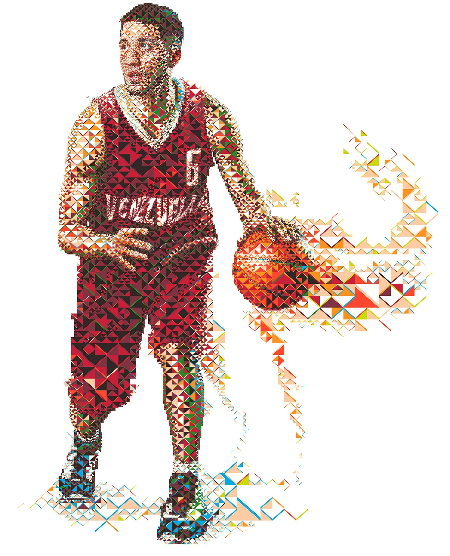 Greivis Vásquez basketball mosaic – Venezuelan player. Emphasis on the ball and dynamic movement.