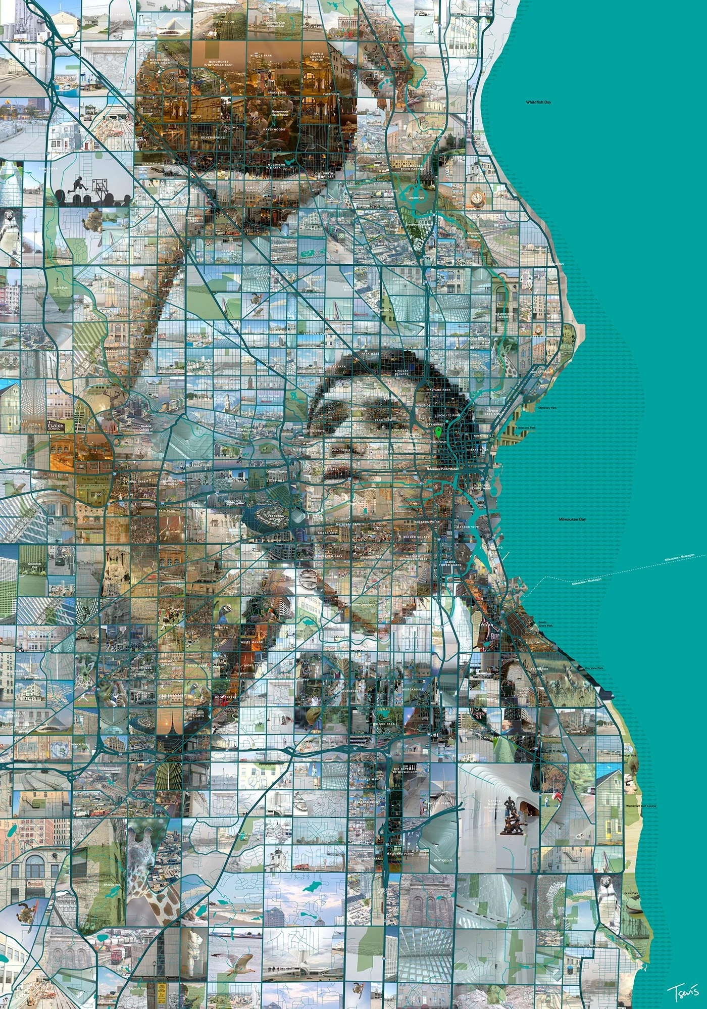 Ersan İlyasova mosaic. Turkish Bucks forward from Milwaukee photos. City geography forming his features.