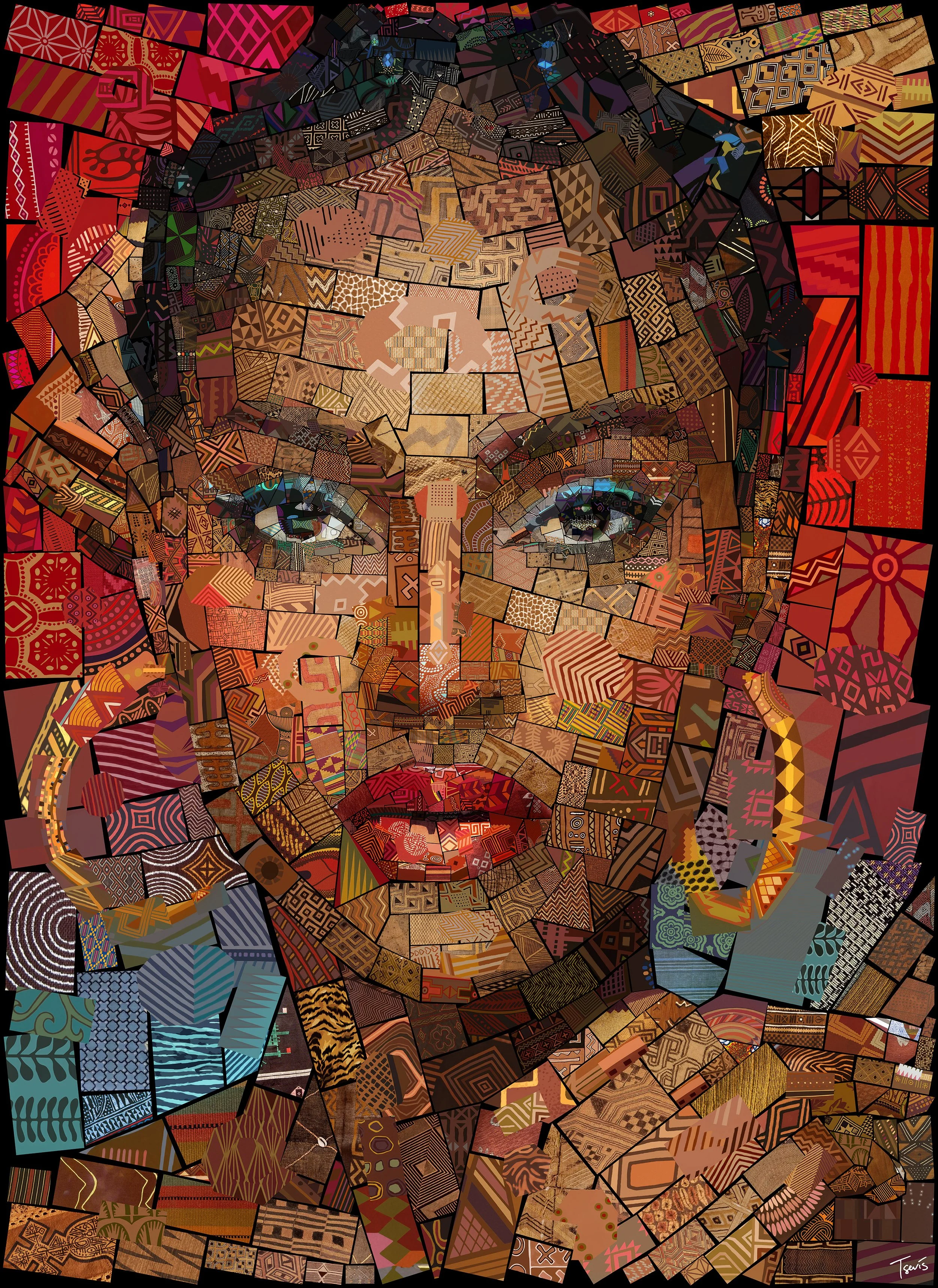 Mixed race beautiful woman portrait in the style of digital mosaic from many images Contemporary art collection
