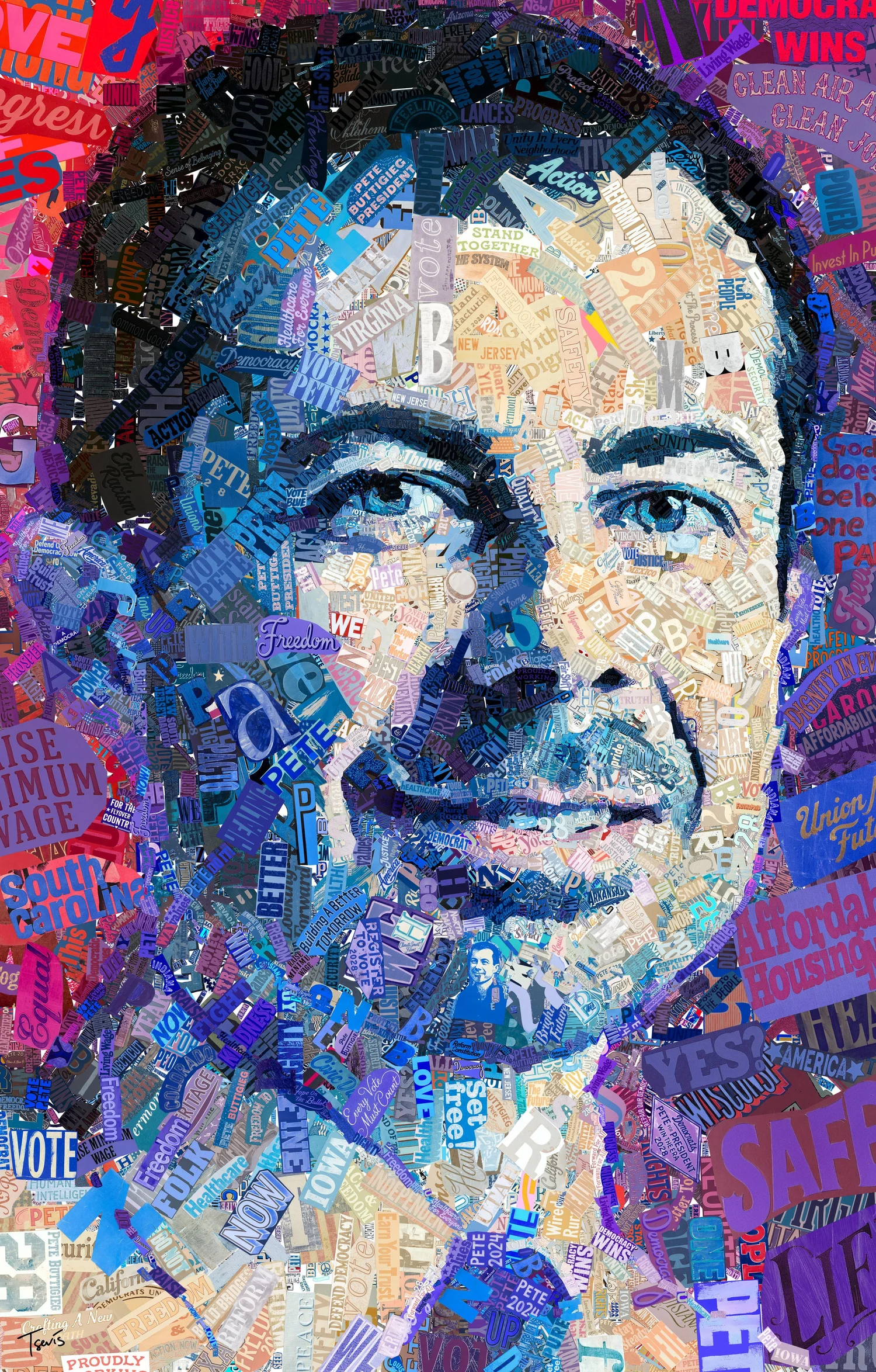 Typographic mosaic portrait of Pete Buttigieg smiling at the viewer, his face in cool blues and creams inside a frame of reds, pinks and purples.