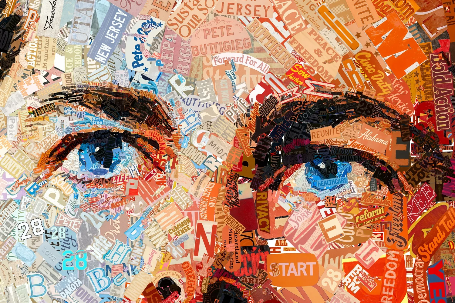 Close-up of the blue eyes in Eyes on the Horizon, built from pieces reading Pete Buttigieg, Forward For All, Reform the Constitution and Common Sense.