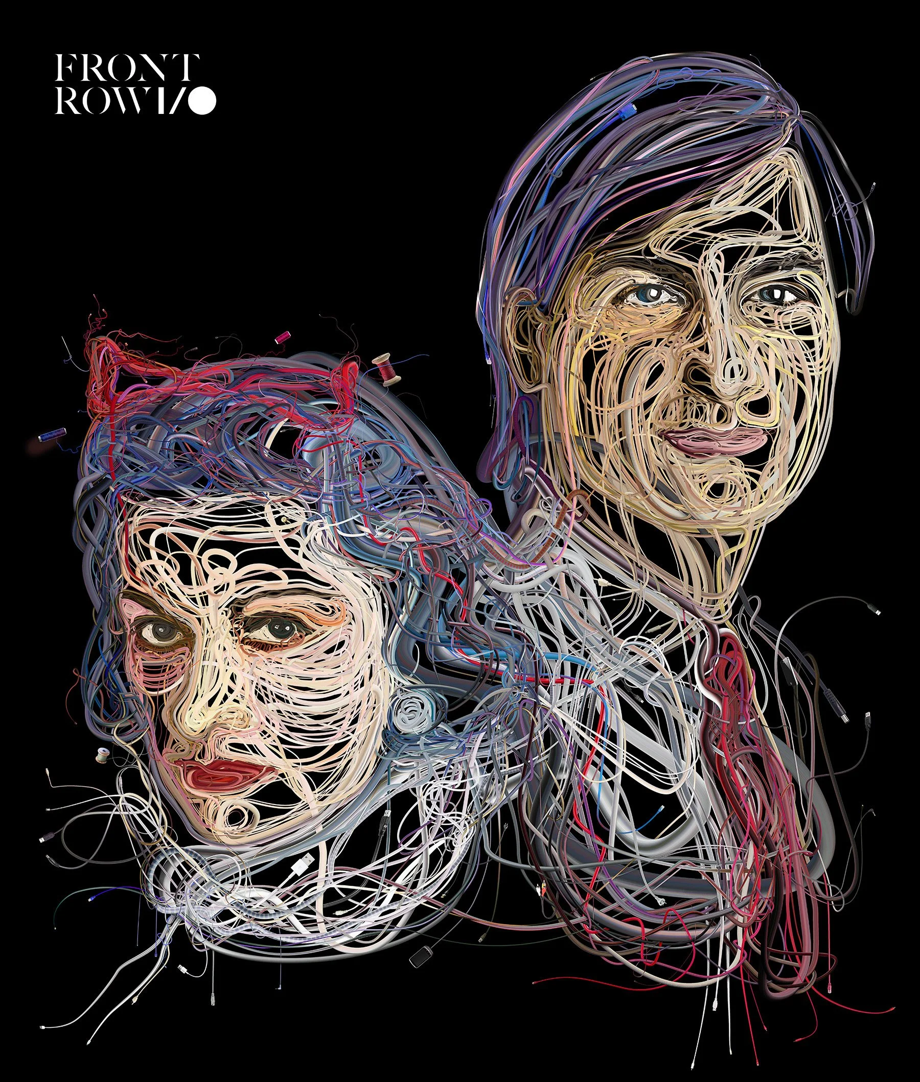 Coco Chanel and Steve Jobs wire portrait from threads and cables. Front Row I/O campaign.