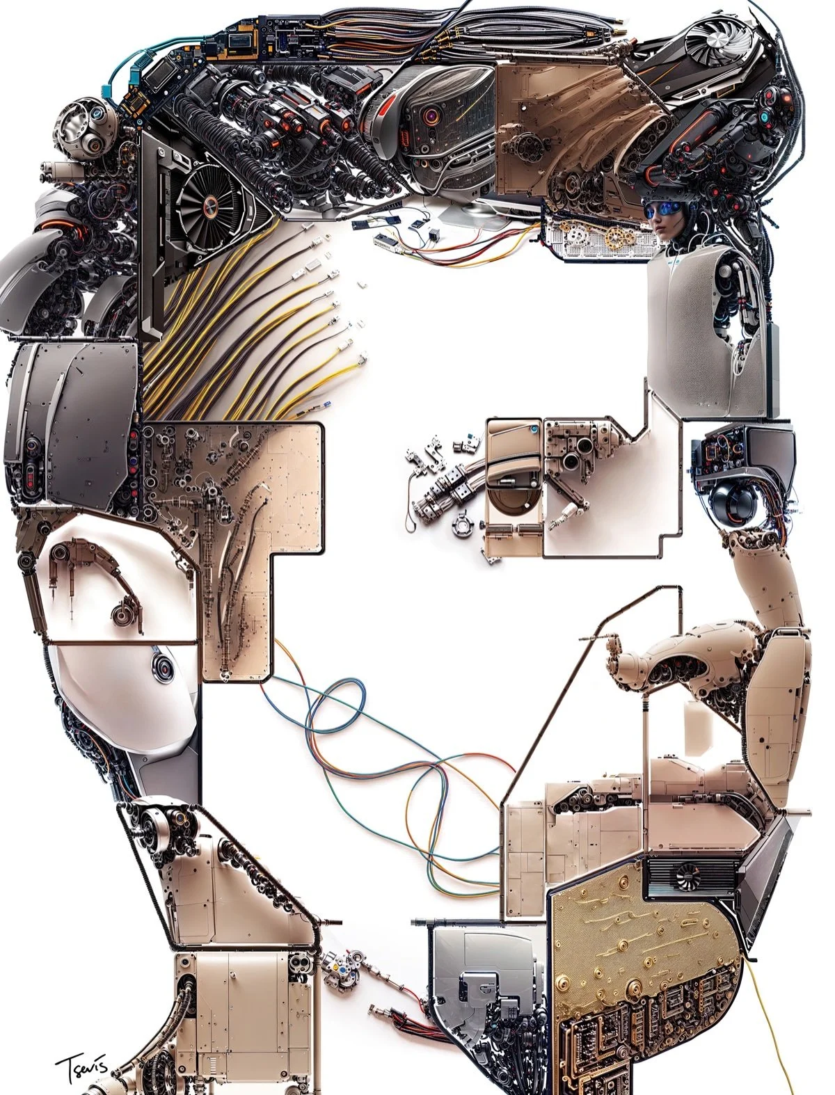 A portrait of Sam Altman by Charis Tsevis on a white background, his head and shoulders assembled from robotic arms, circuit boards, graphics cards, cables and mechanical joints, with empty white space forming the face.