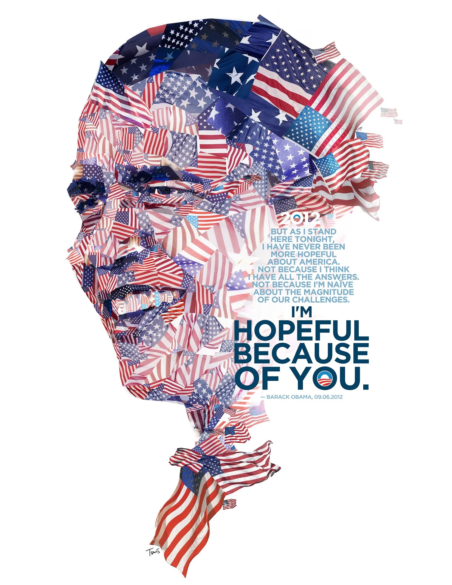Barack Obama portrait made of American flags. Political portrait 2012