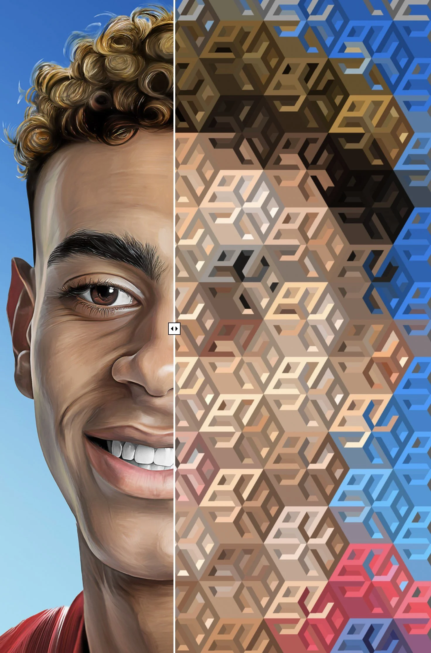 The same portrait as a mosaic built from hexagonal cells, each a cube-like glyph in three tones, with the painted source portrait on the left