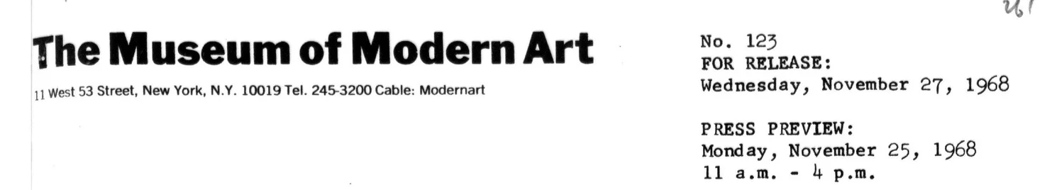 Museum of Modern Art letterhead, No. 123, for release Wednesday, November 27, 1968