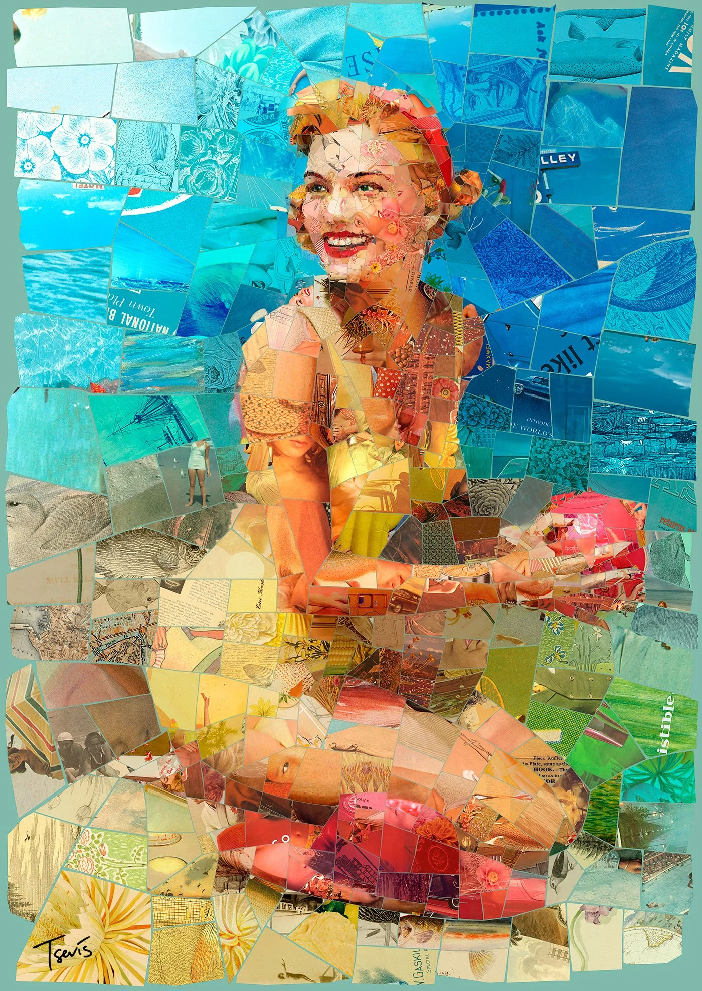 Beach girl mosaic, colorful—old-school summer carefree vibe.