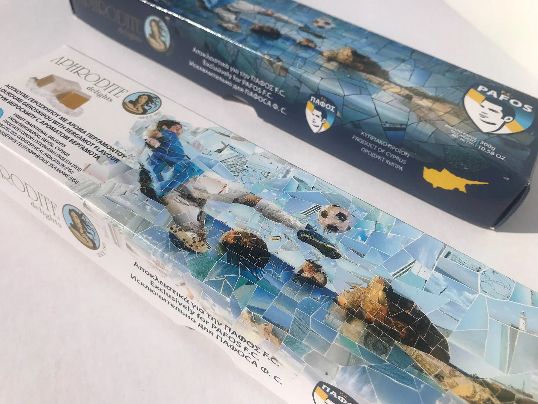 The packaging is designed using the team's mosaic illustrations and visual identity.