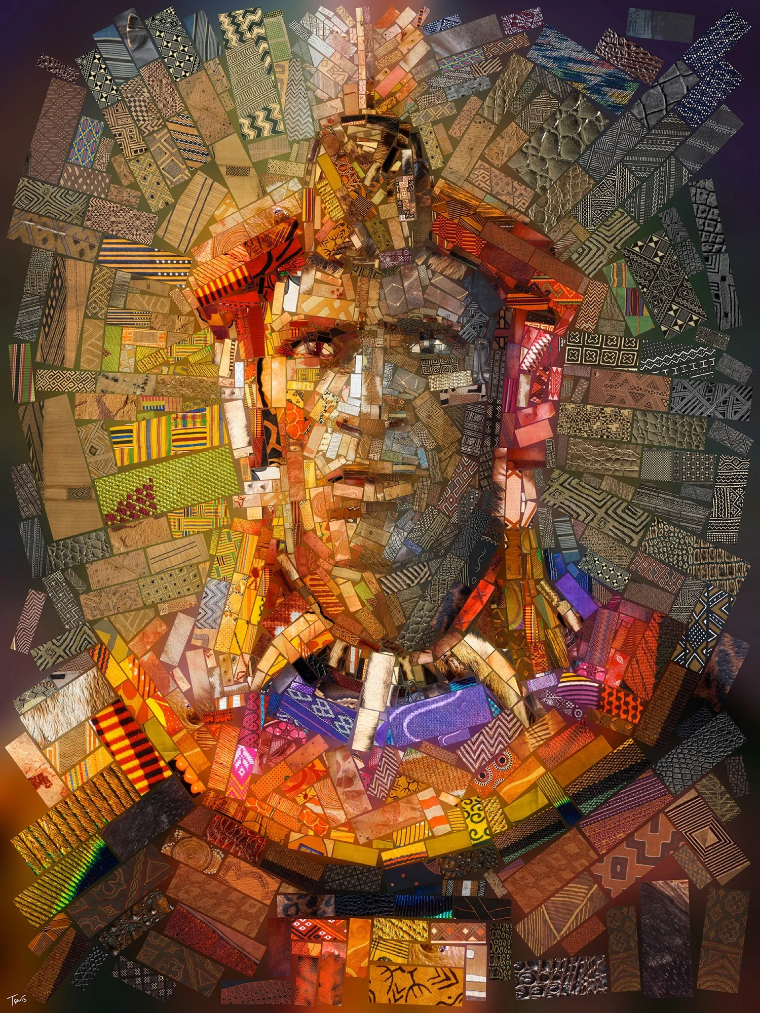 Digital mosaic portrait of a figure with a headwrap, built from African textile fragments in orange and gold