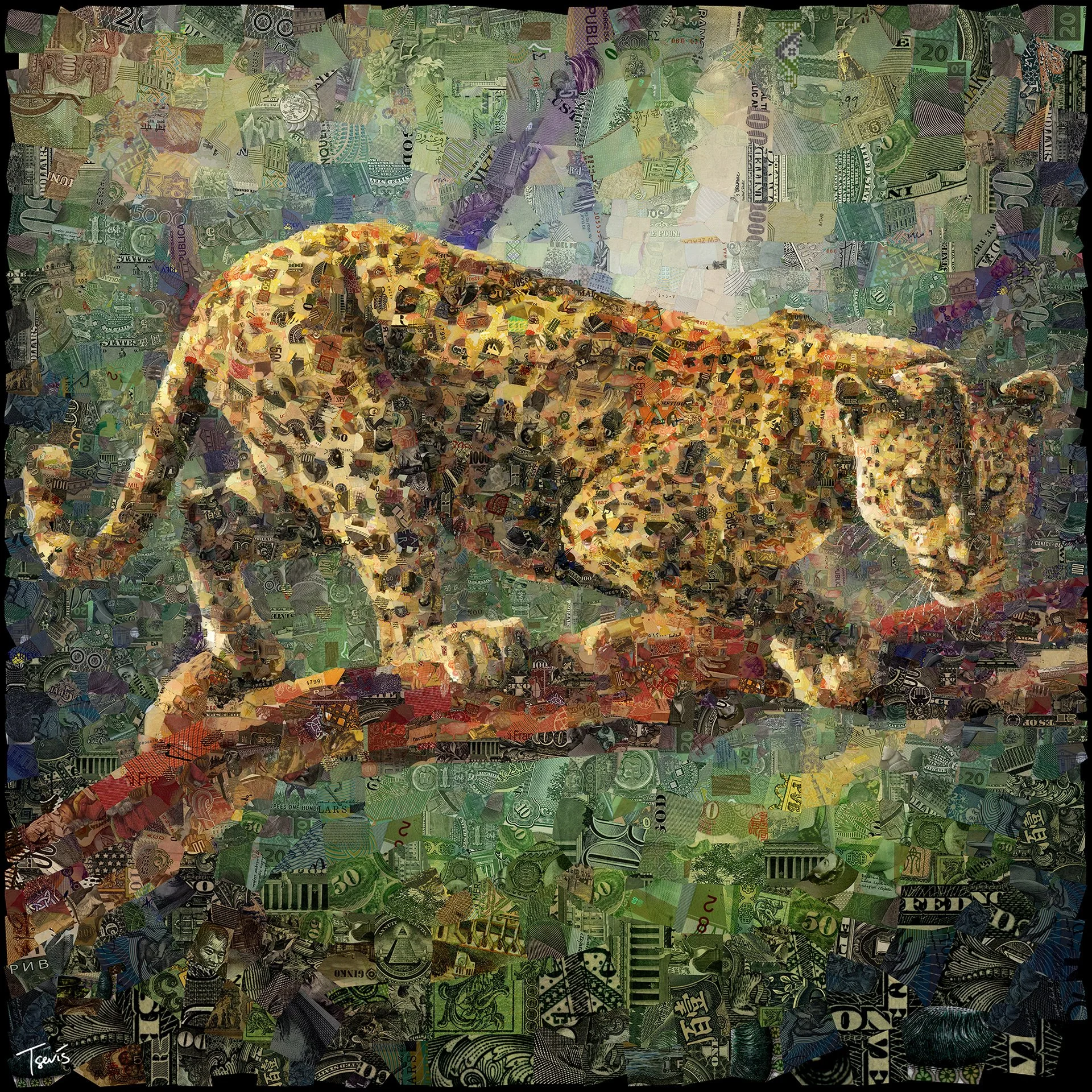 Leopard mosaic constructed from money