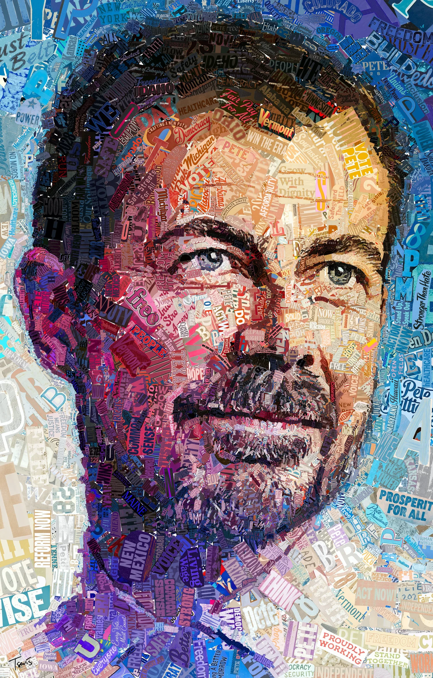Typographic mosaic portrait of Pete Buttigieg, bearded and smiling quietly as he looks up, made of thousands of cut-paper words in reds, pinks, blues and violets.