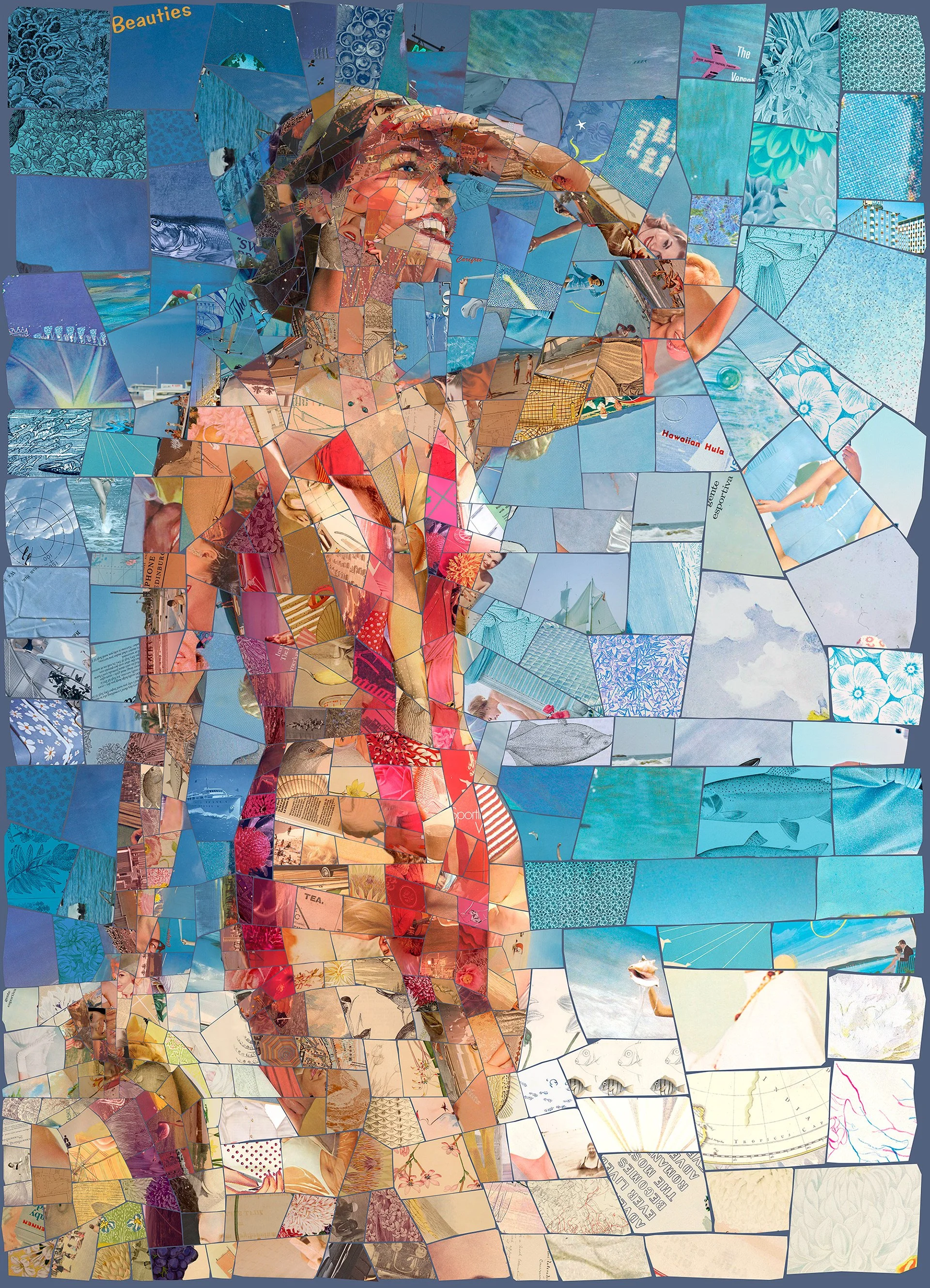 digital mosaic, bright sun over blue sea. Summer memory with an old-magazine aesthetic.
