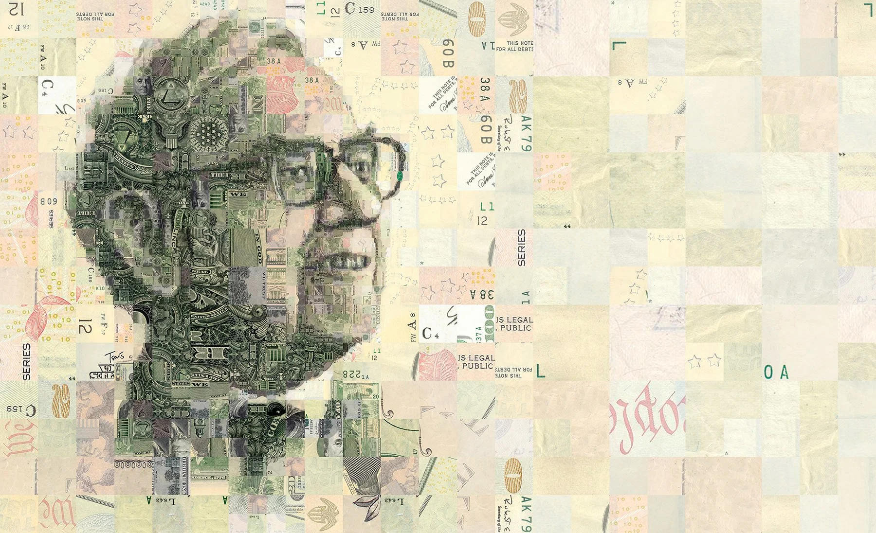 Warren Buffett dollar mosaic – US currency fragments forming billionaire investor