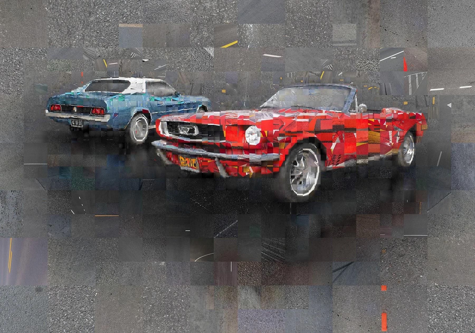 Car mosaic. Classic American car from road texture tesserae