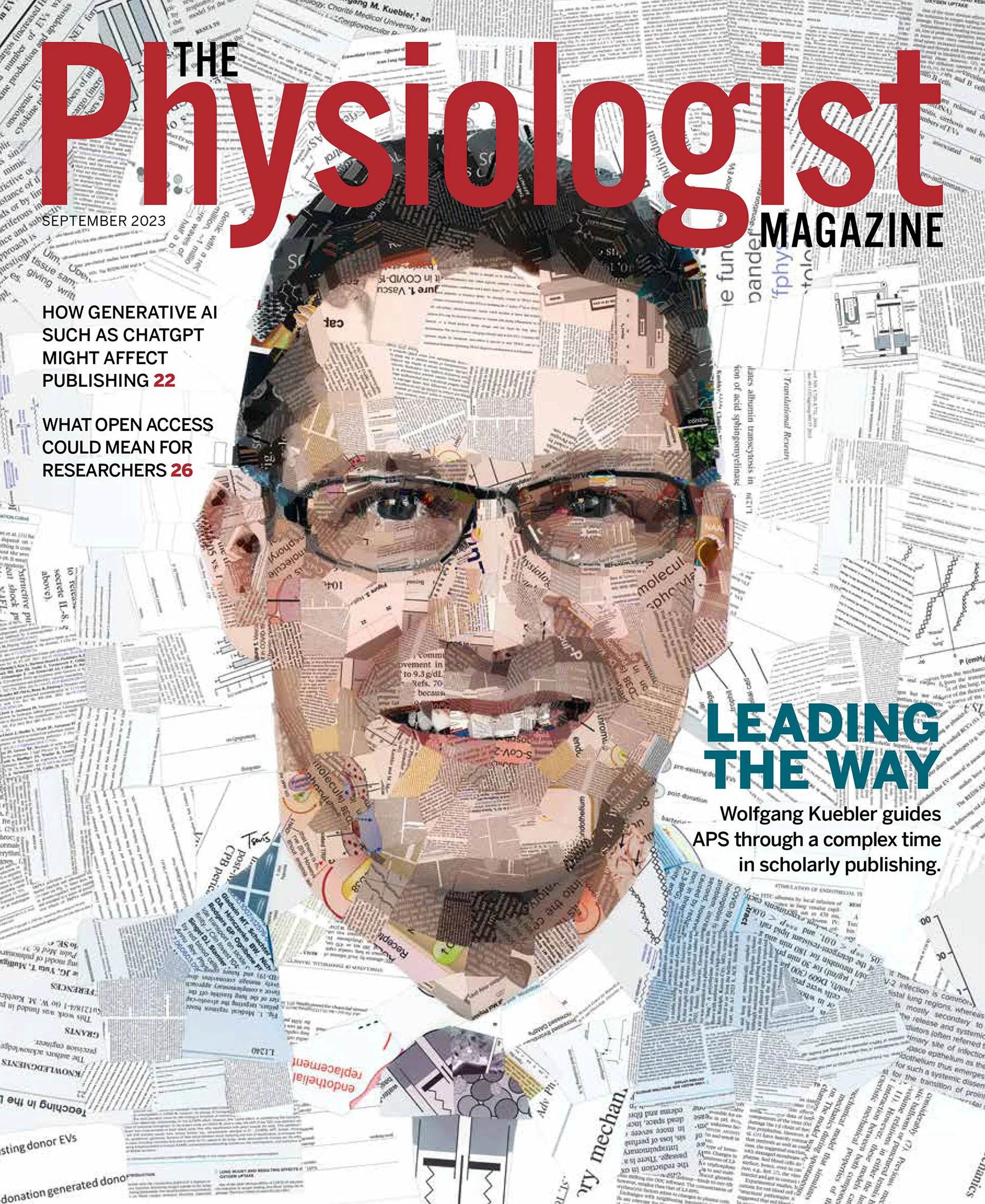 Paper collage portrait of Wolfgang Kuebler, formed from academic paper fragments. For The Physiologist magazine.