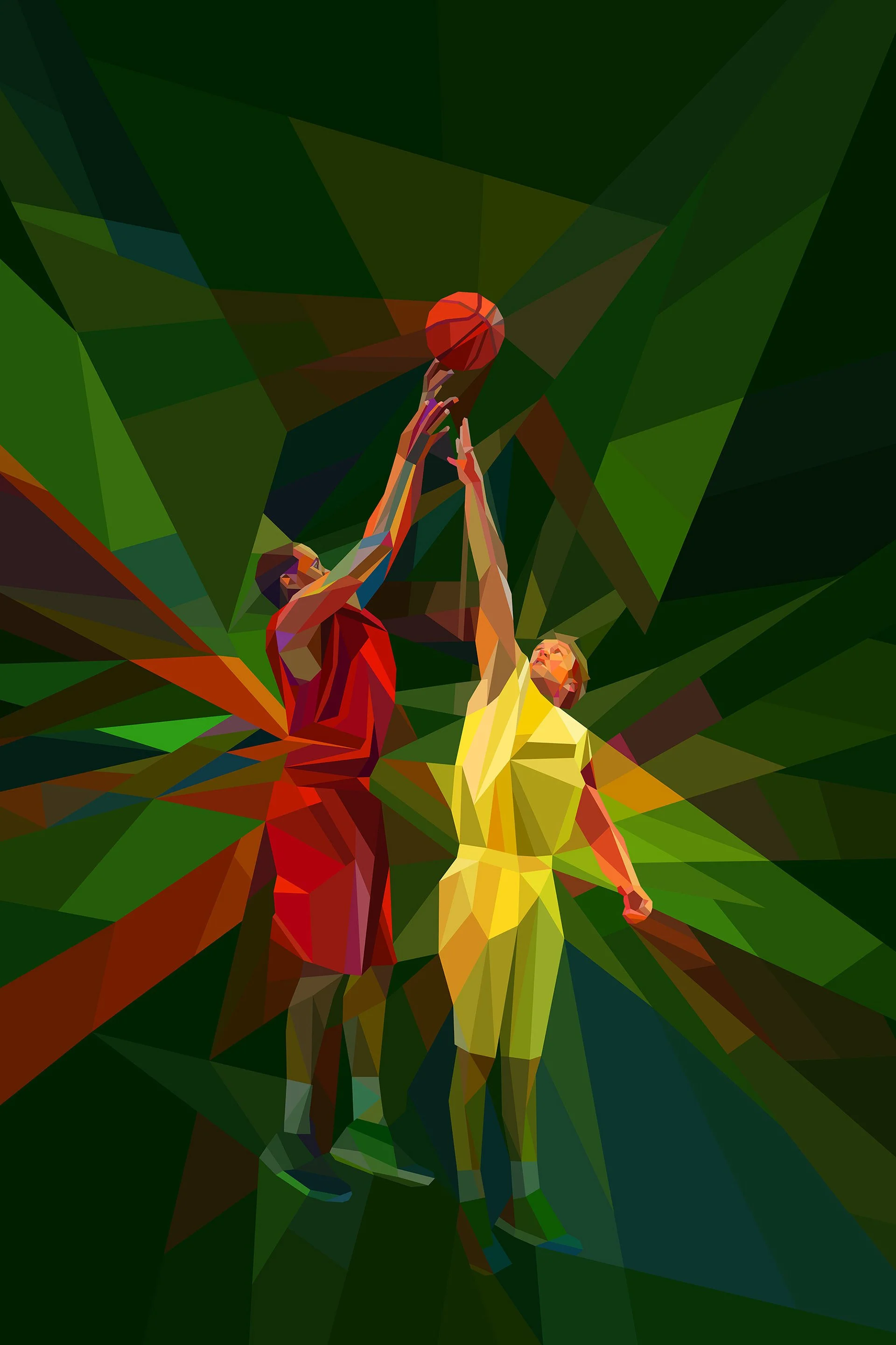 Italian basketball players: neo-futuristic geometric fragments in team colors. Lega Basket Series illustrations