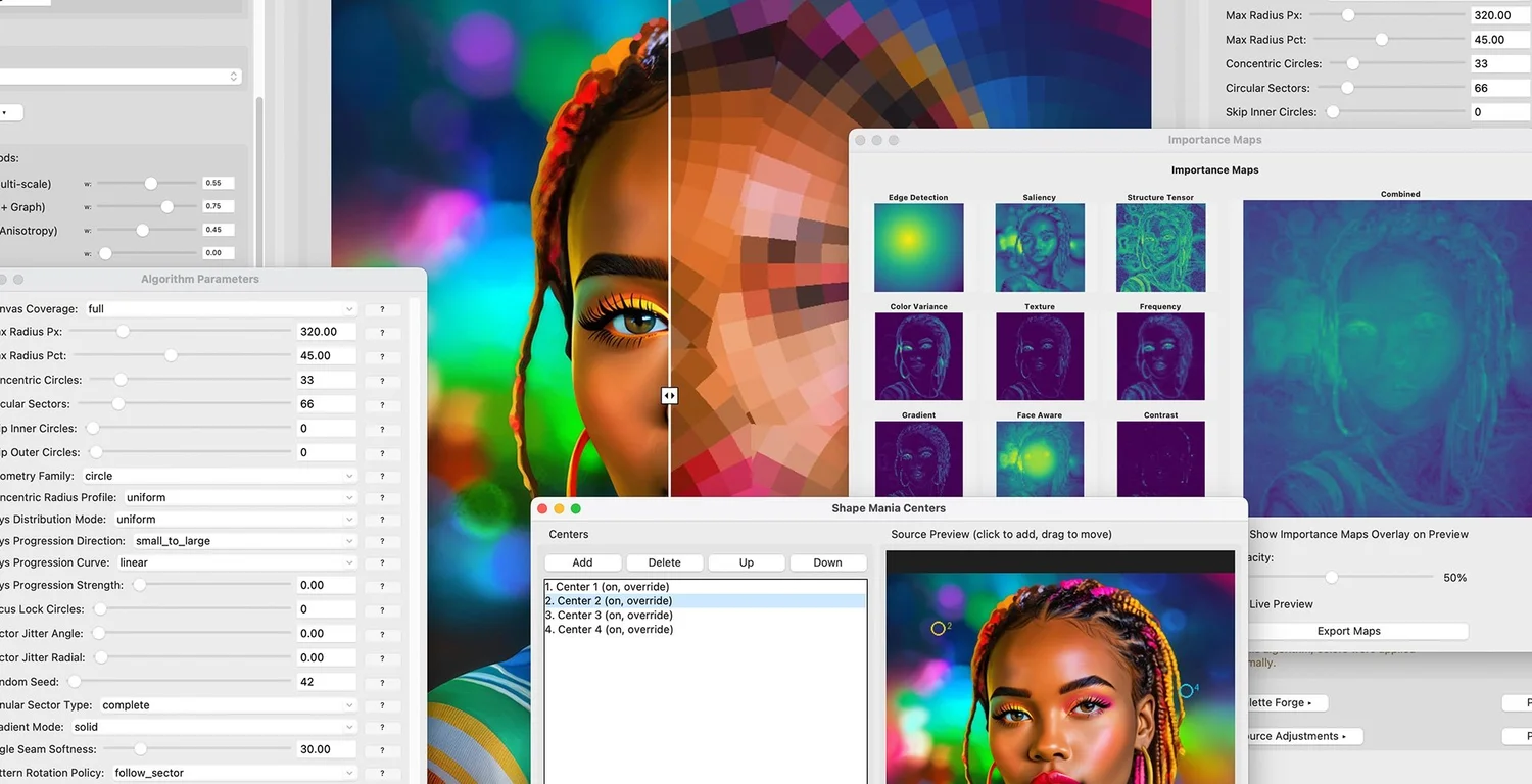 CGMCreator app: a portrait converted to a concentric-circle vector mosaic, with parameter and importance-map panels