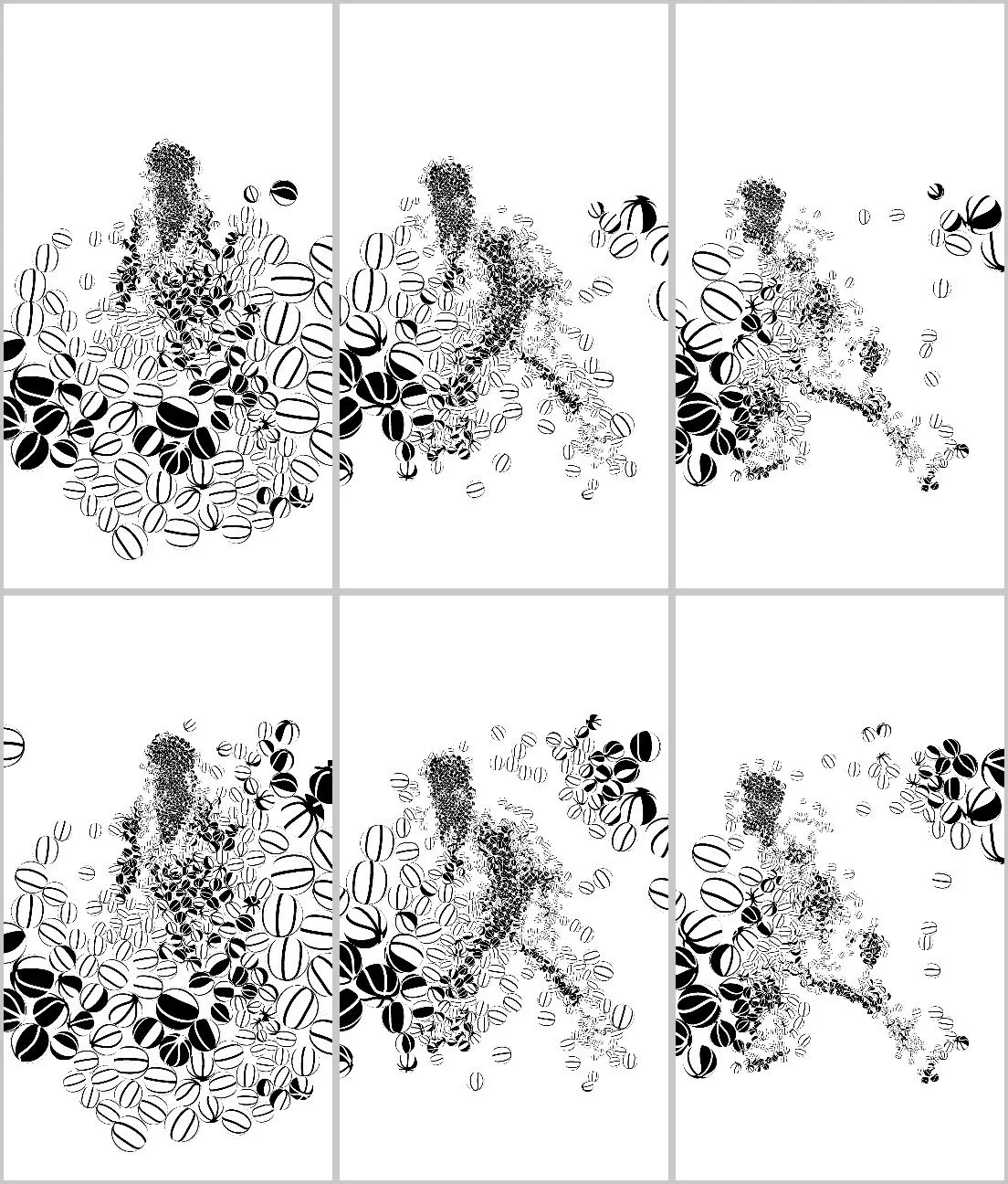Six black-and-white basketball mosaic frames in two rows of three, with the top and bottom of each frame left empty.
