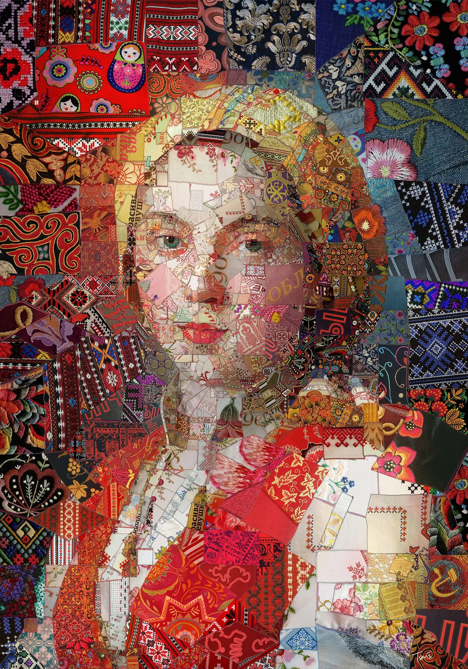 Russian girl quilt mosaic, stitched fabric patterns from Slavic folk art as tesserae.