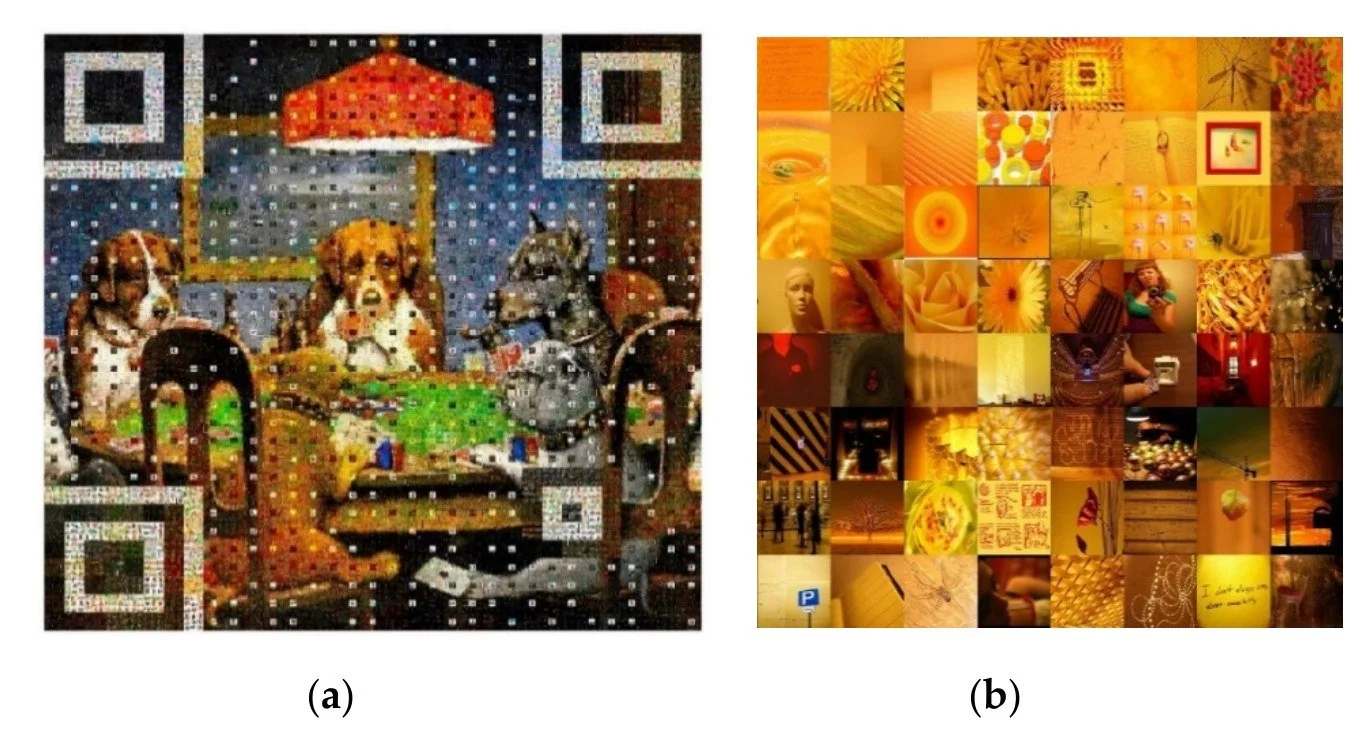Dogs playing poker rendered as a mosaic with QR code corners, and an enlarged tile region