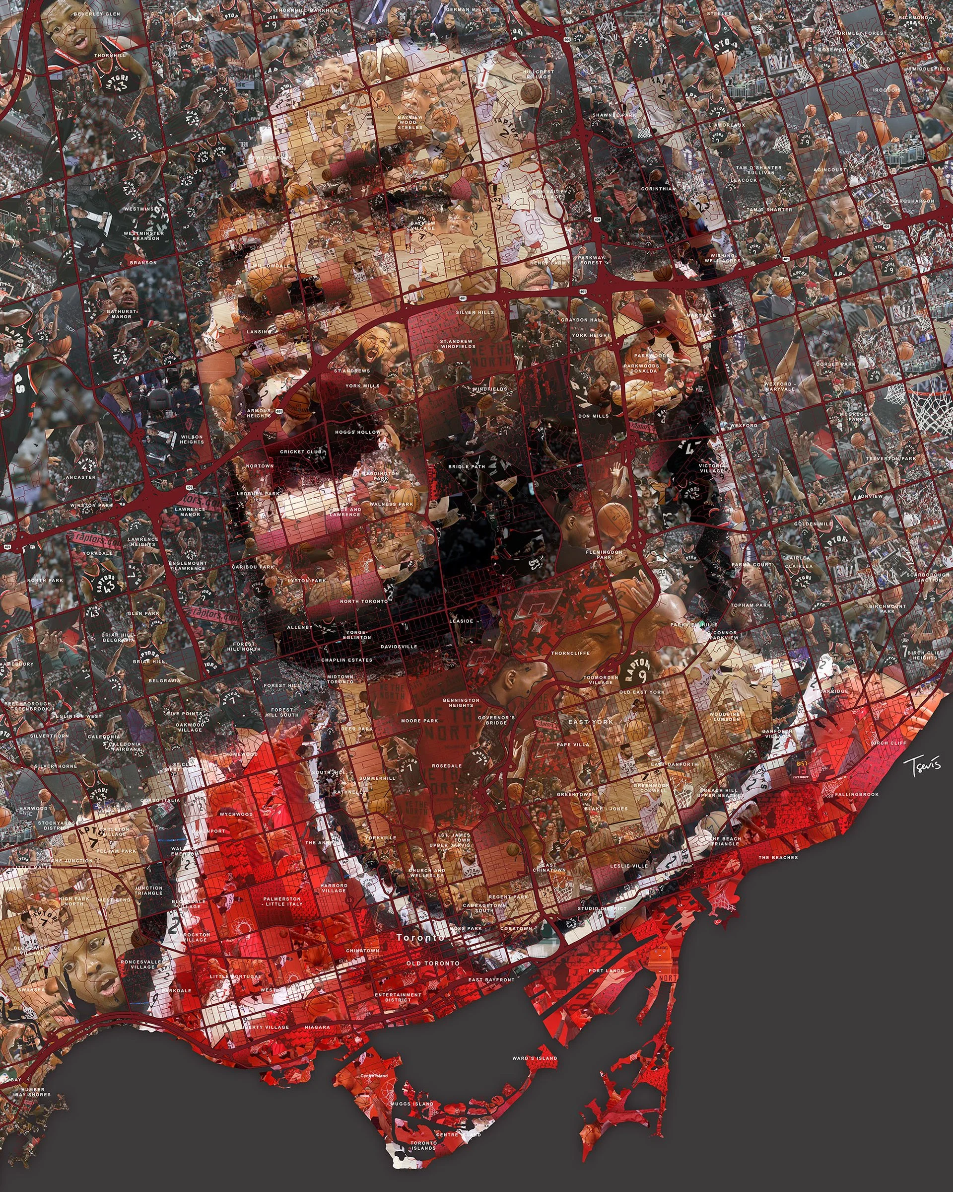 Kawhi Leonard mosaic from Toronto city map – street networks and boroughs shaping the Raptors star's portrait.