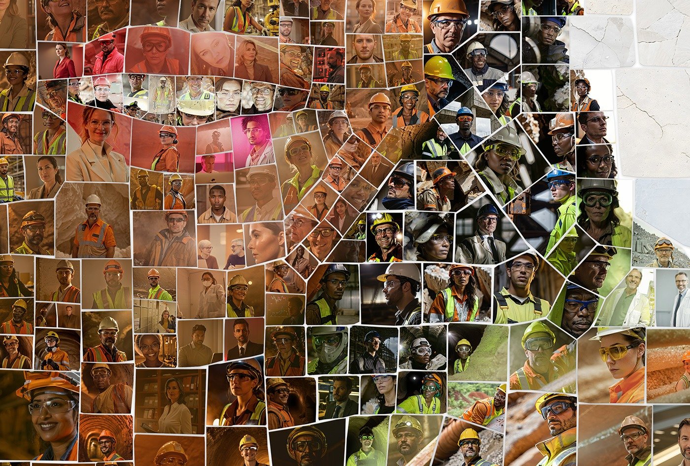 Close-up detail of a Lhoist photomosaic portrait showing the employee photos used as tiles