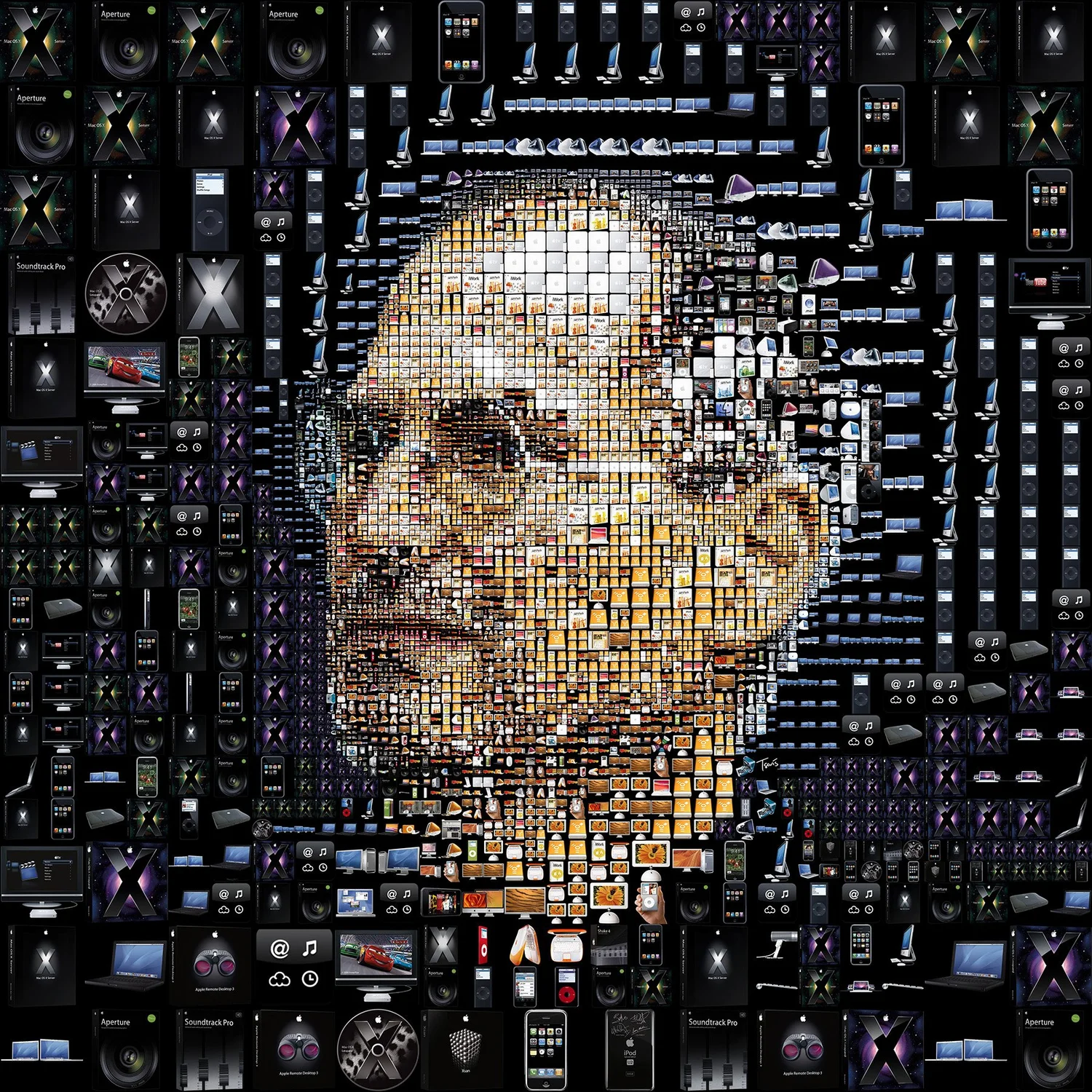 Mosaic portrait of Steve Jobs assembled from images of Apple products