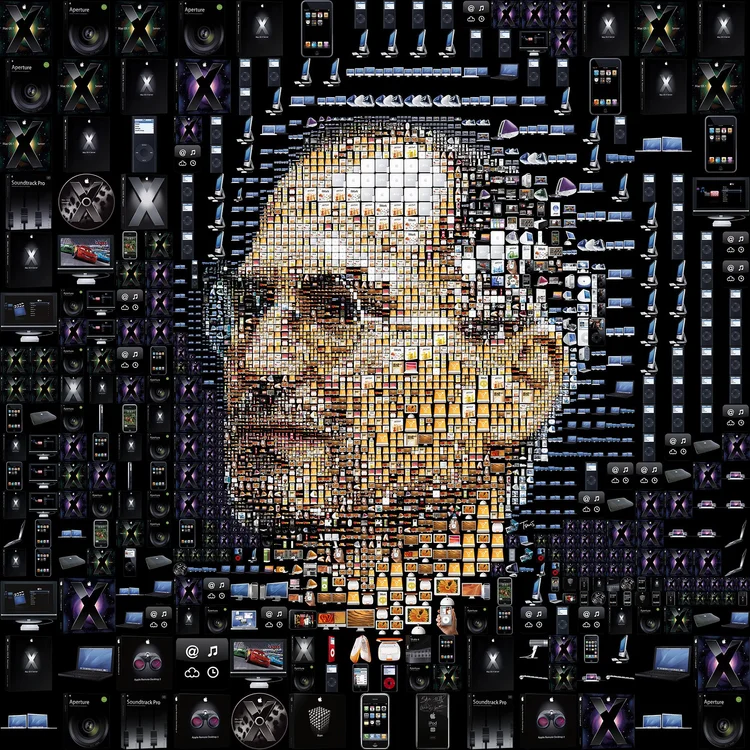 Mosaic portrait of Steve Jobs assembled from images of Apple products