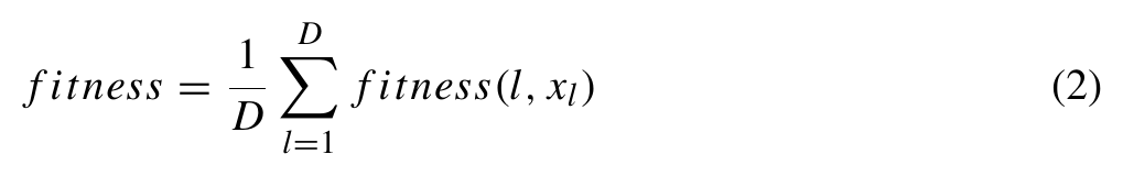 Equation: fitness equals one over D times the sum over l from 1 to D of fitness of block l and its tile