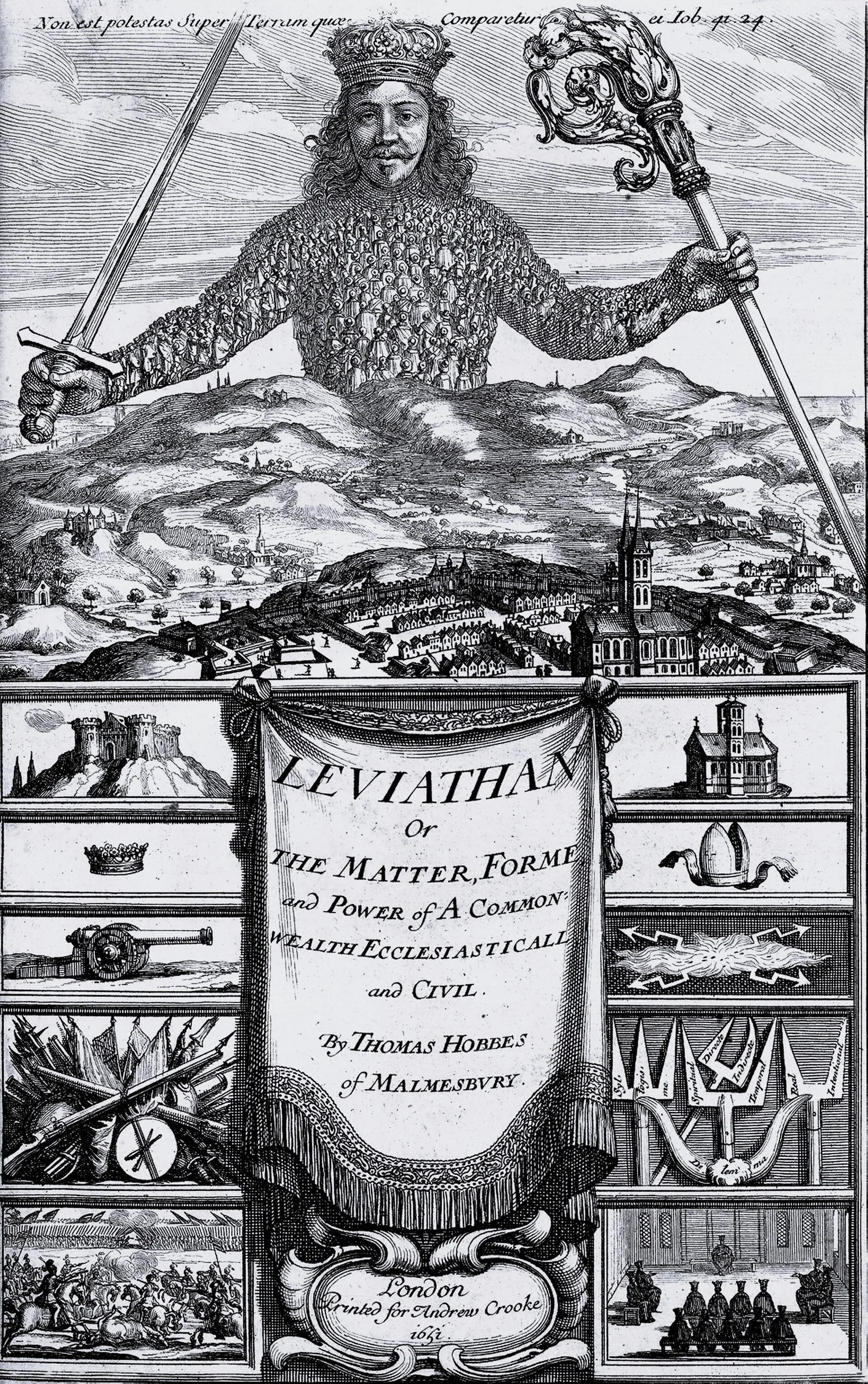 Engraved frontispiece of Leviathan: a crowned giant rising over a landscape, his body and arms made of hundreds of small human figures