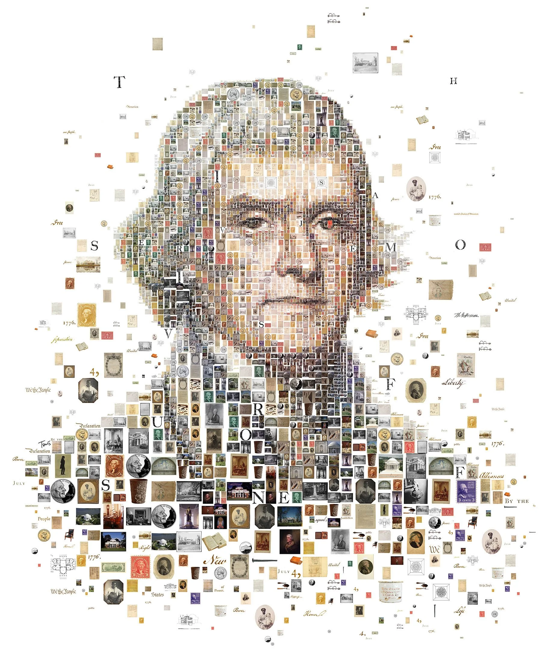 Thomas Jefferson mosaic – president's two sides from historical documents.