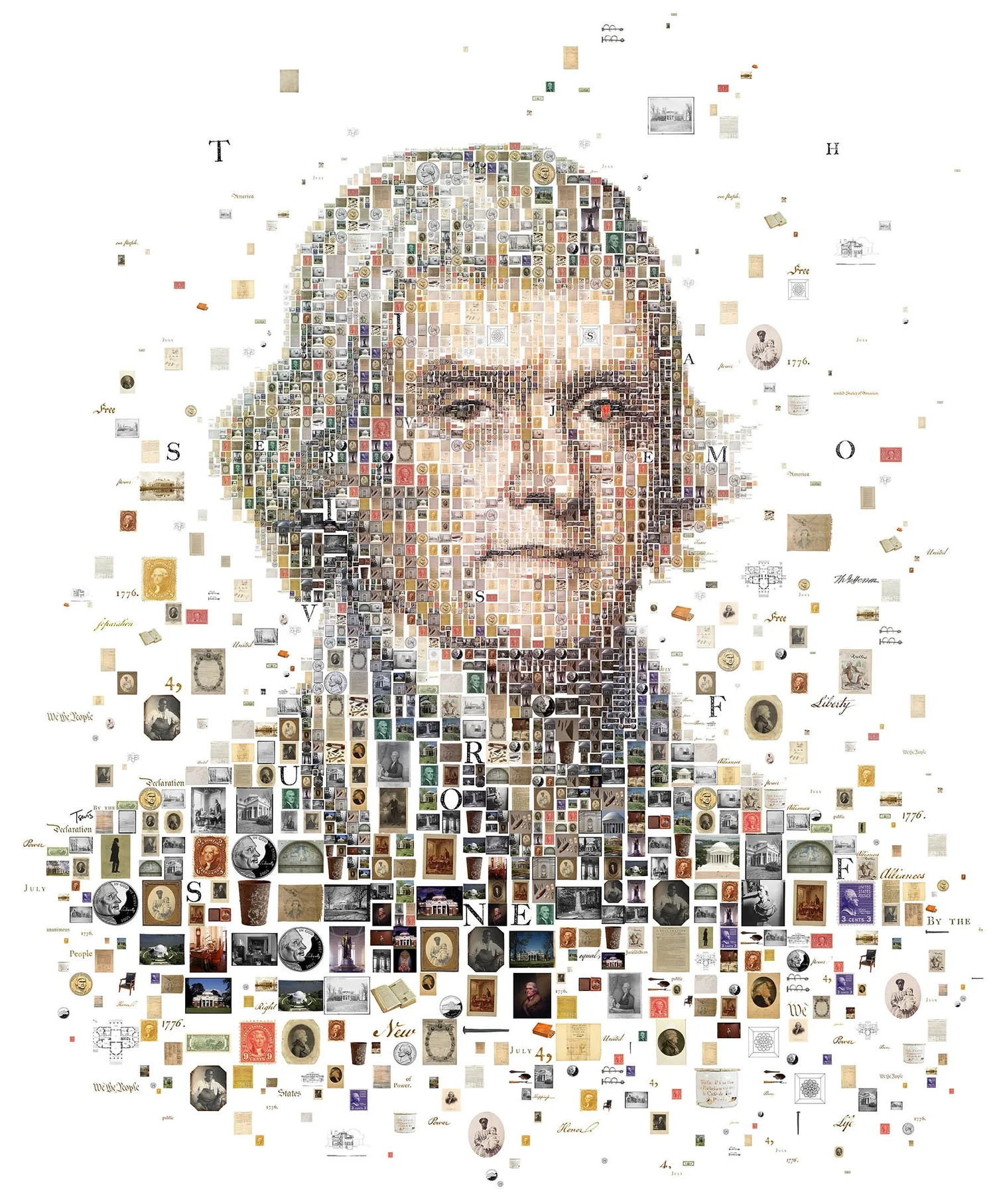 Photographic mosaic of Thomas Jefferson made from archival pictures and documents