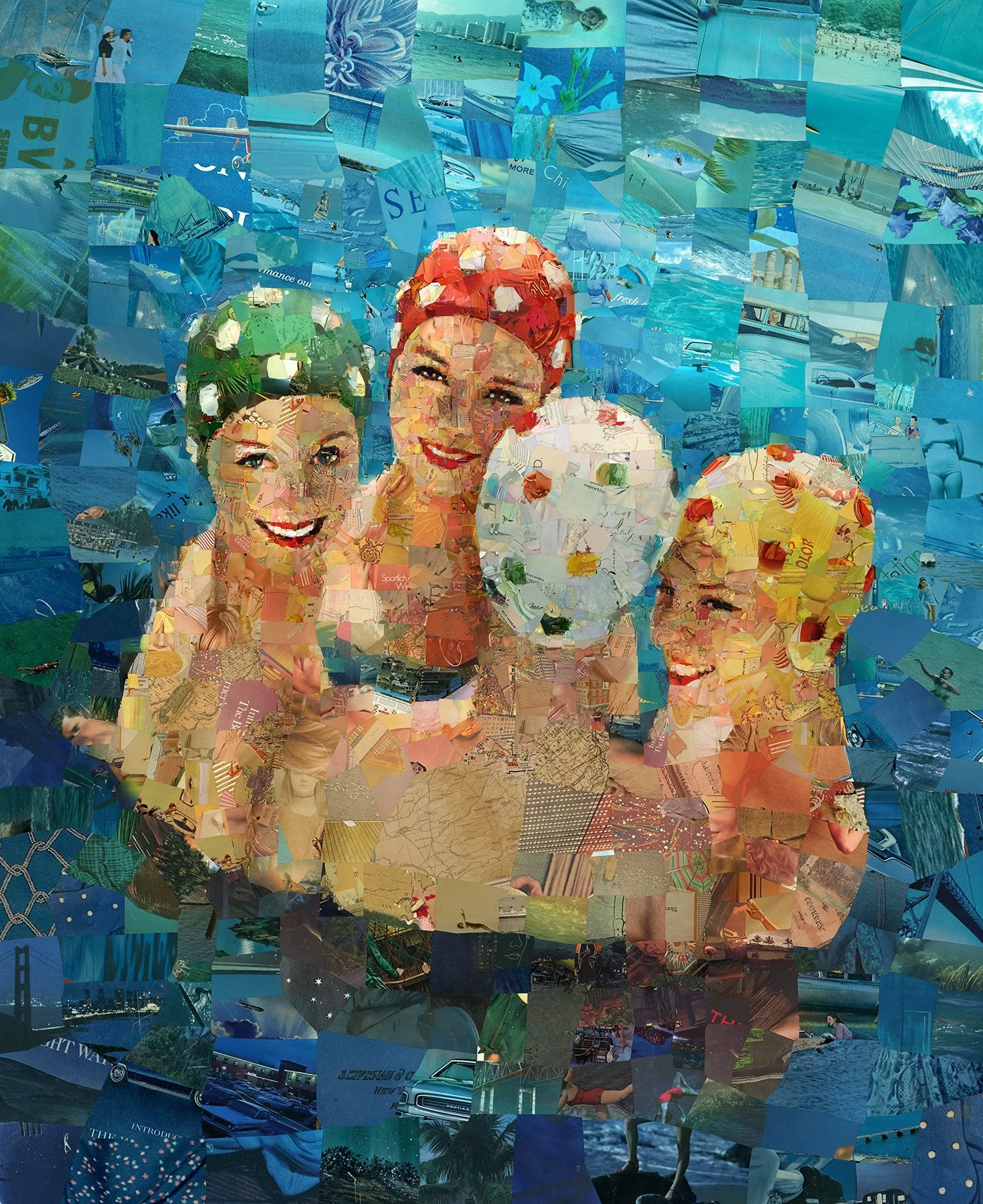 swimmers in blue pool water a digital collage