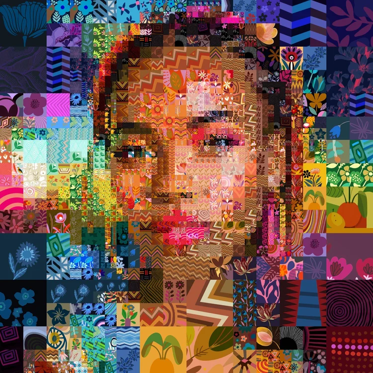 Mosaic portrait of a woman built from illustrated tiles by the Mozaix Average Color matcher