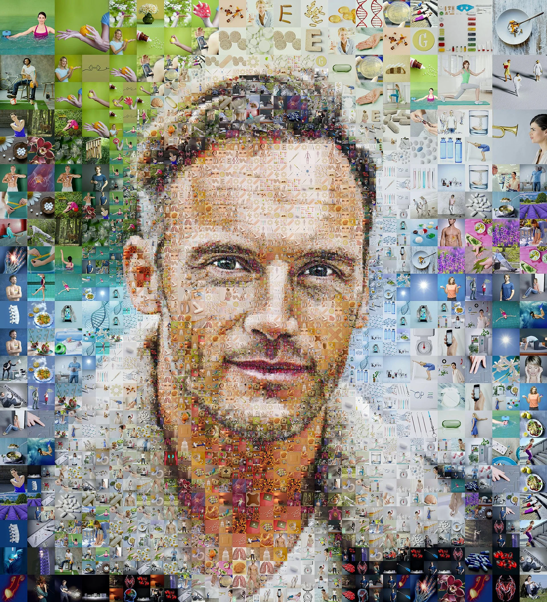 Digital medicine mosaic – pills, stethoscopes, and health apps as tiny tiles forming face.