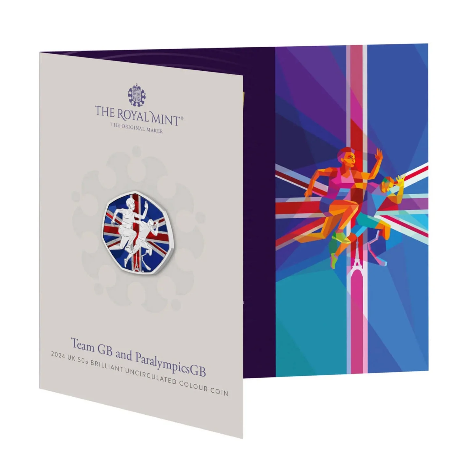 A beautifully designed commemorative coin packaging from The Royal Mint, featuring a vibrant illustration of an athlete in motion. The left side of the package displays the official logo of The Royal Mint and a detailed depiction of the coin design, which includes two athletes—one standing and one seated—symbolizing inclusivity and unity. The right side showcases a dynamic image of an athlete sprinting toward the finish line, set against a colorful background with geometric patterns and the Eiffel Tower, representing the 2024 Paris Olympics and Paralympics. The text on the packaging reads "Team GB and ParalympicsGB" and "2024 UK 50p Brilliant Uncirculated Colour Coin.