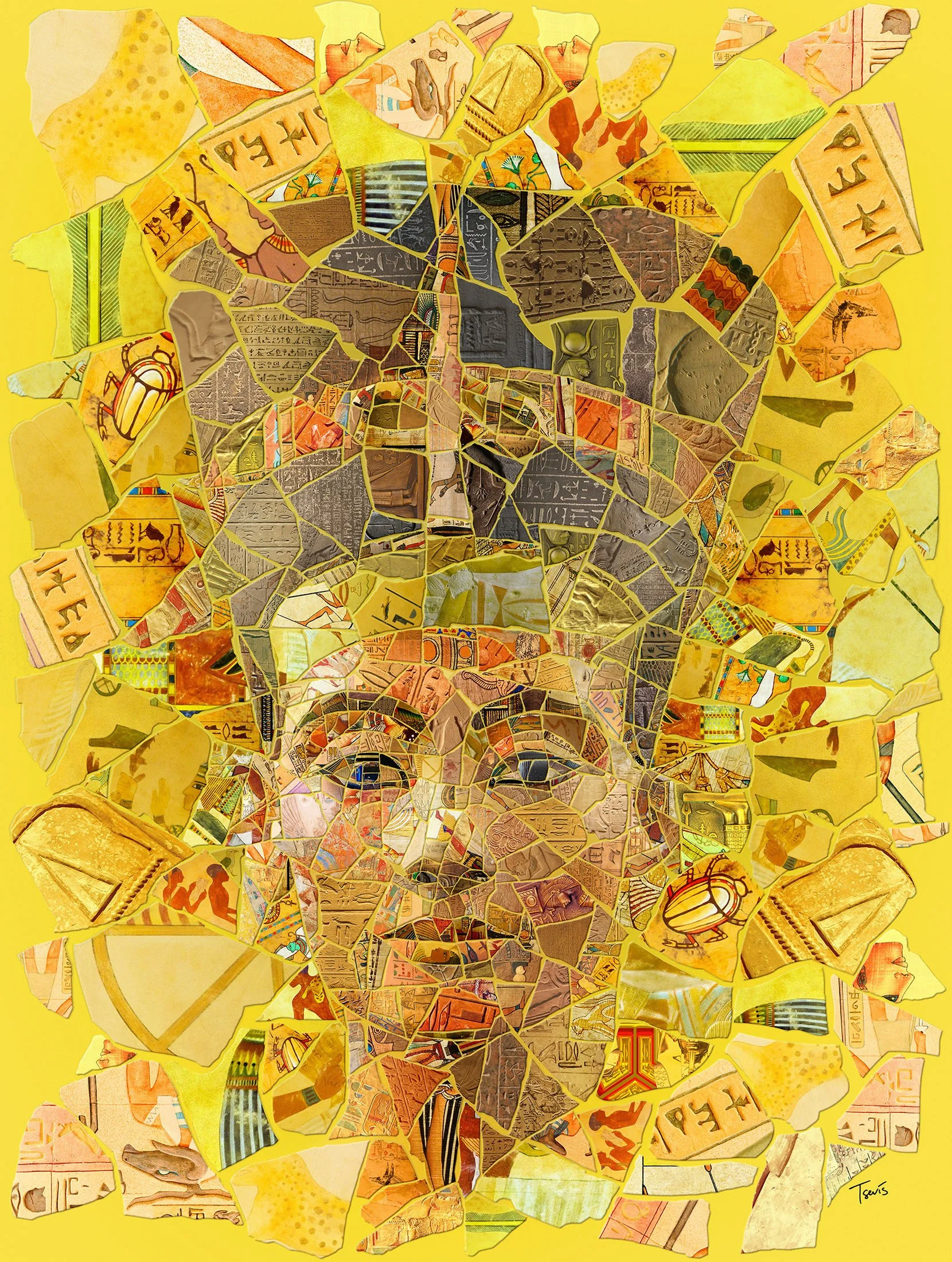 Nefertiti mosaic – Egyptian queen from hieroglyphs and golden amulet fragments.
