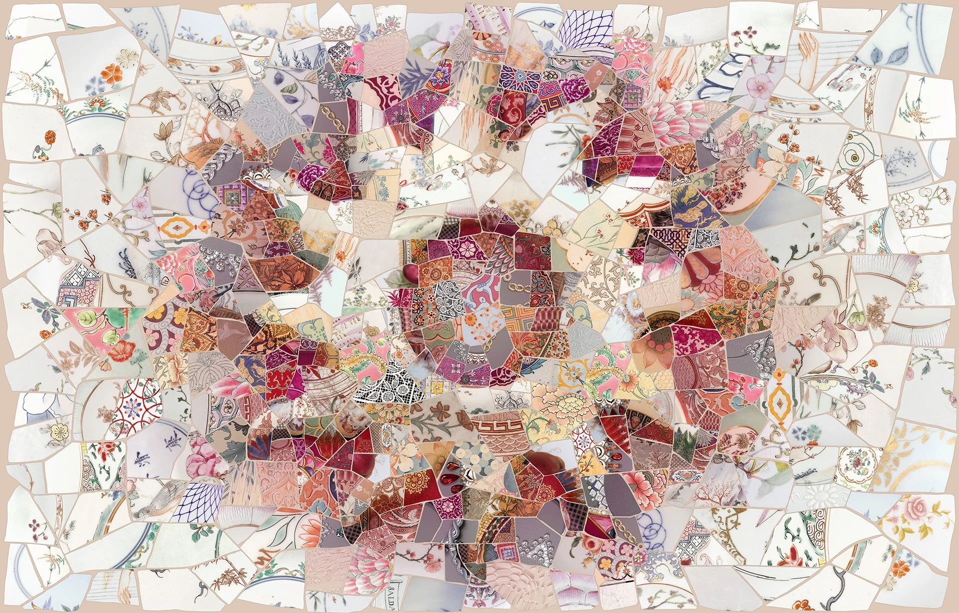 Digital mosaic exploring the fusion of East and West, with layered patterns and symbolic motifs that celebrate cultural convergence.