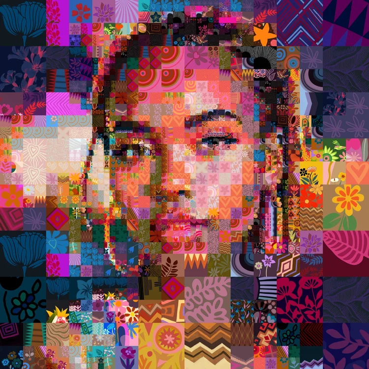Mosaic portrait of a woman built from illustrated tiles by the Mozaix Tsevis Deep Mosaic matcher
