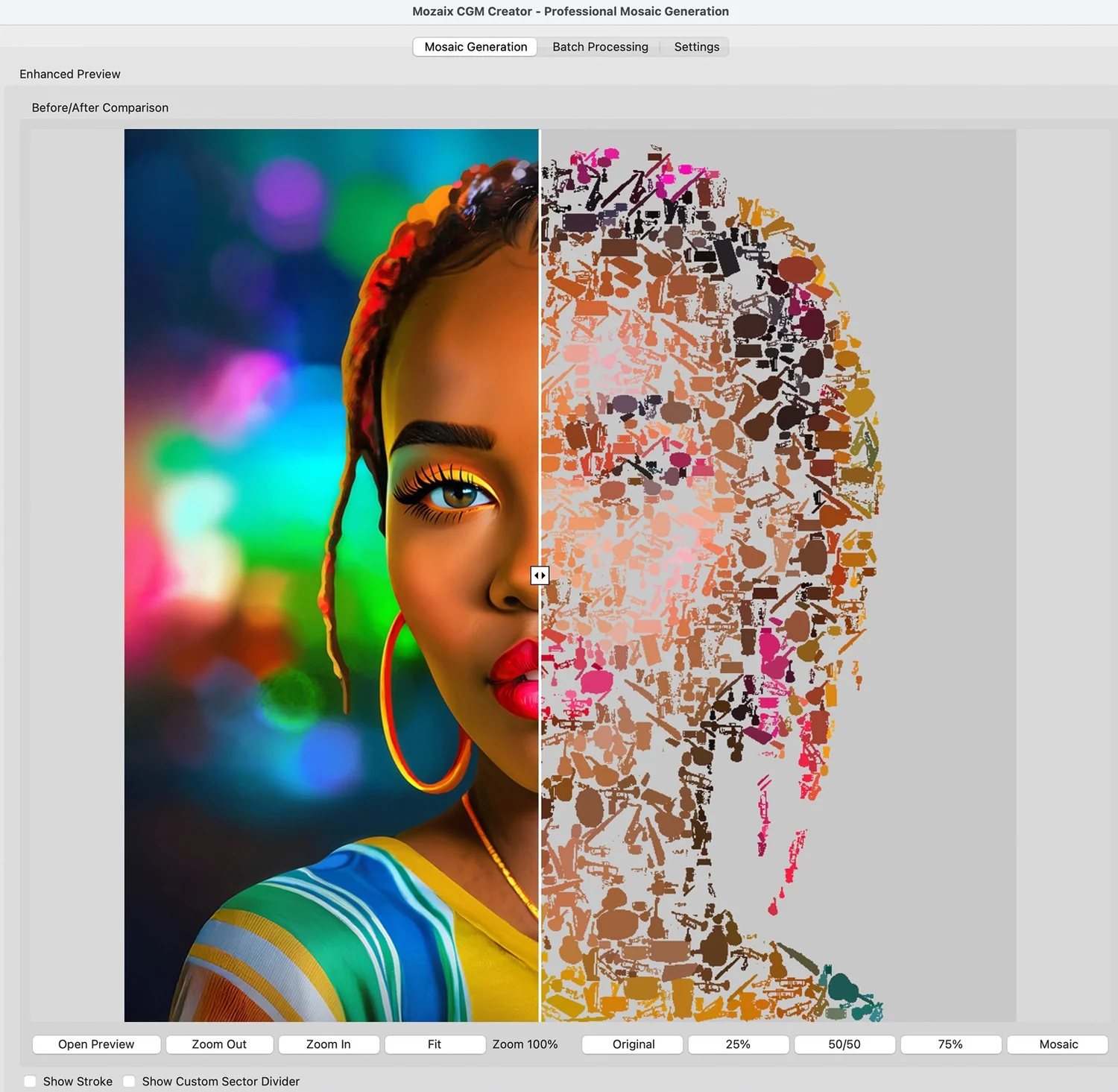 Mozaix CGM Creator showing a colorful portrait photograph beside its mosaic version