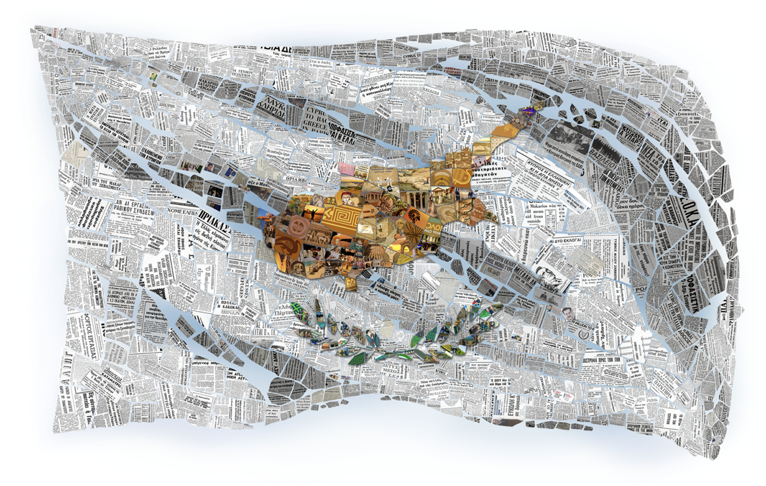 Mosaic artwork of the Cyprus flag, with the white section made from historical newspaper clippings and the island map composed of contemporary photos and designs.