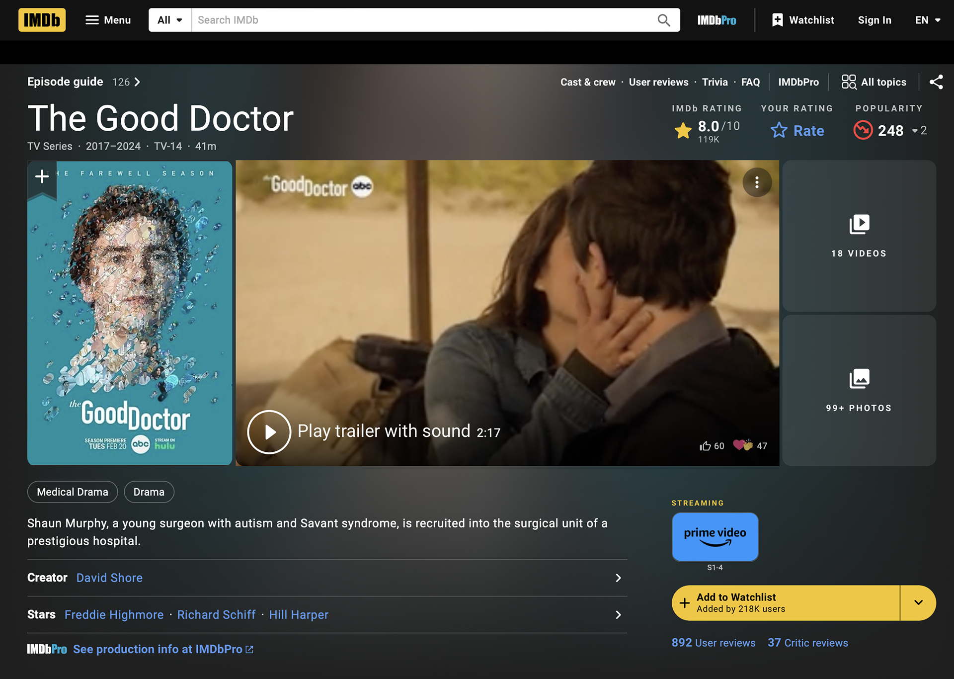 IMDb screenshot of the Good Doctor Disney series, mosaic movie poster.