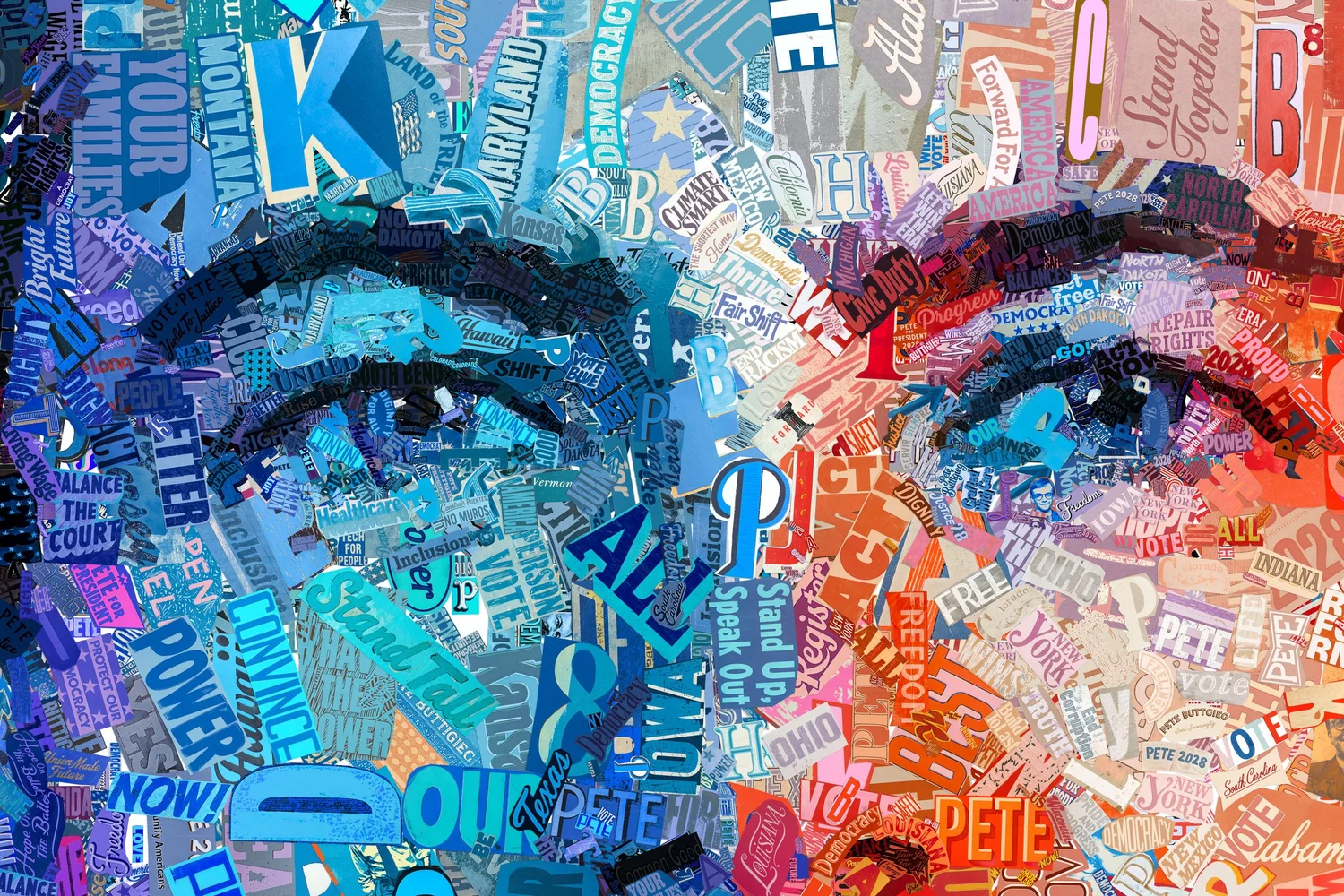 Close-up of the eyes in Red, Blue and Every Color Between: blue pieces reading Stand Tall, Balance the Court and Power meet red ones reading Civic Duty, Progress and Repair Rights.