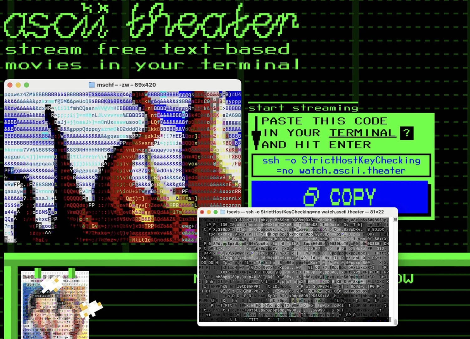 A screenshot of the splash screen for ASCII Theater, an innovative project by MSCHF that streams movies rendered entirely in ASCII characters. The image highlights the blend of nostalgia and modern technology, emphasizing how text-based art continues to captivate audiences with its unique visual appeal.