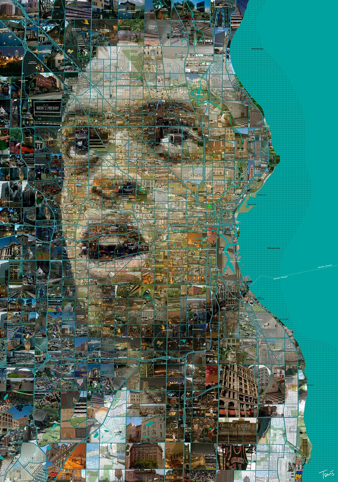 Khris Middleton portrait, map-based mosaic of Milwaukee. Street patterns and landmarks as tesserae.