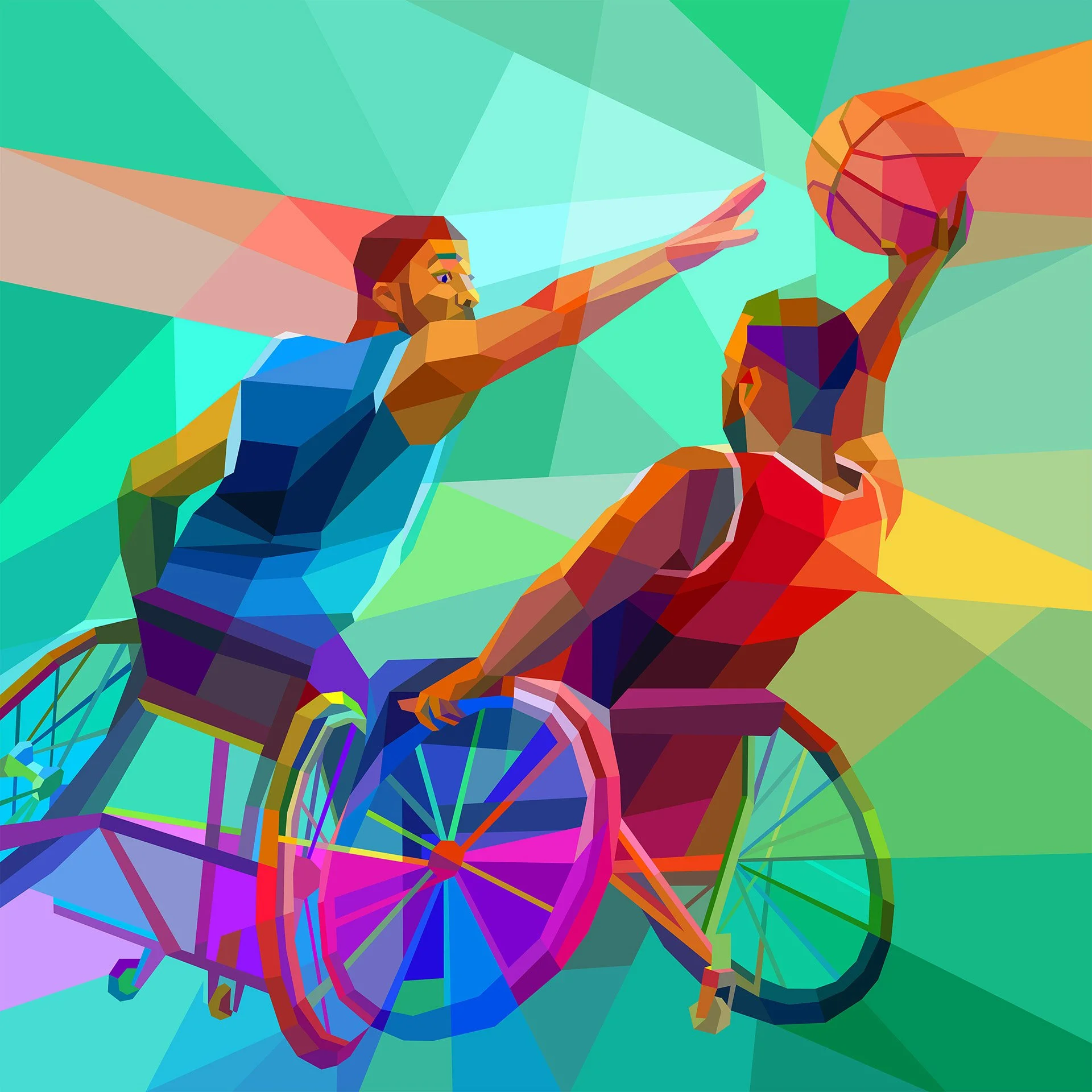 Wheelchair basketball neo-futuristic digital illustration, sports event branding