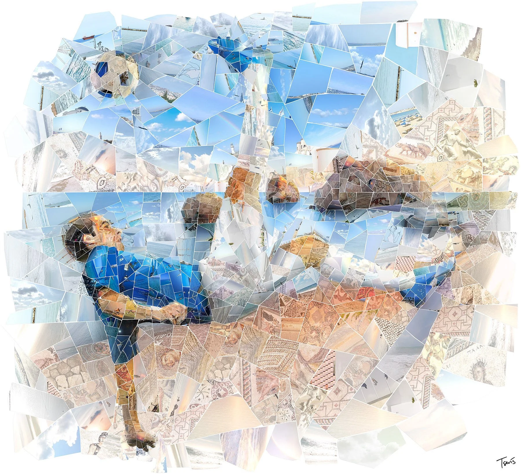 Footballer mosaic at Aphrodite's birthplace. Venus Rock backdrop. Photomosaic