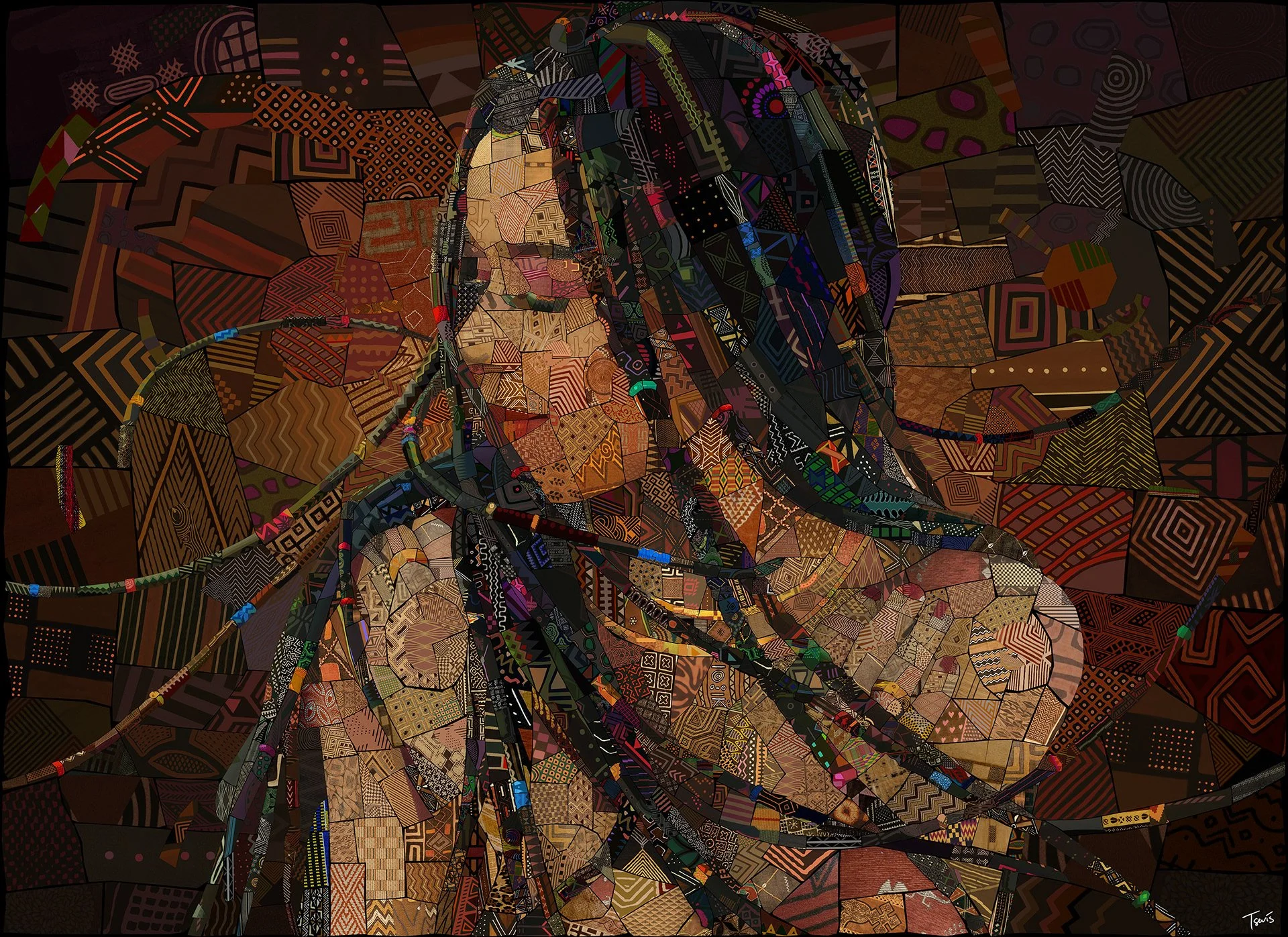 Rasta girl portrait in motion, digital mosaic painting