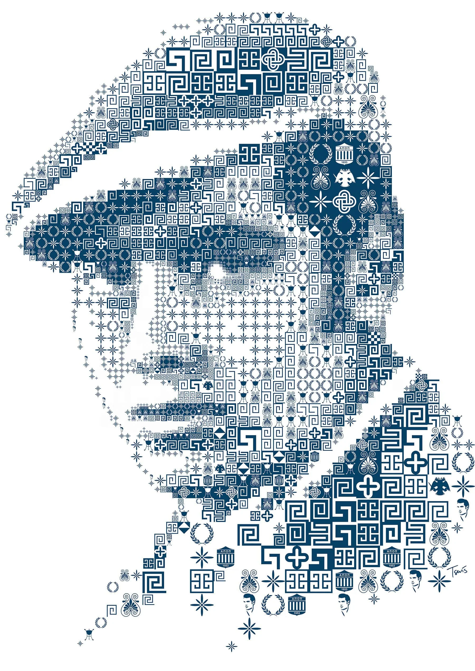 Vector mosaic of Evagoras Pallikarides in heroic sporting pose – for merchandise and jersey applications.